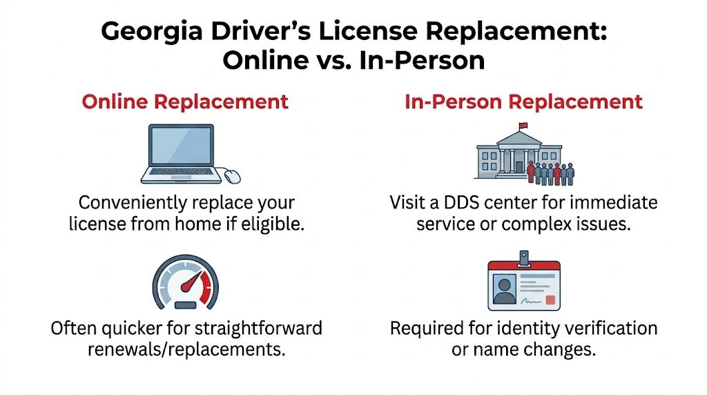 A comparison infographic showing the pros and cons of online versus in-person Georgia driver's license replacement.