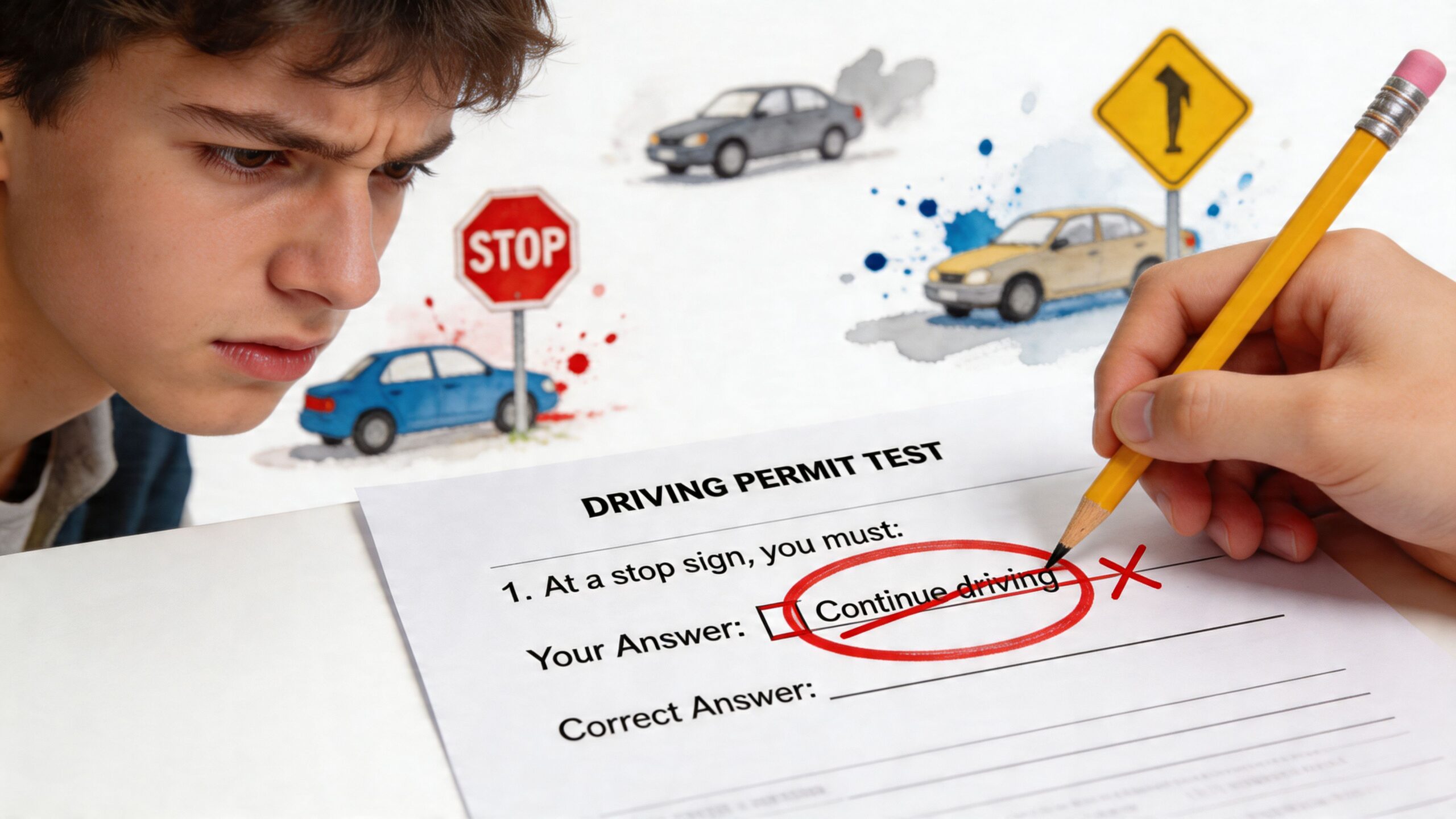 A confused student looks at a driving permit test where the answer Continue driving is marked wrong.