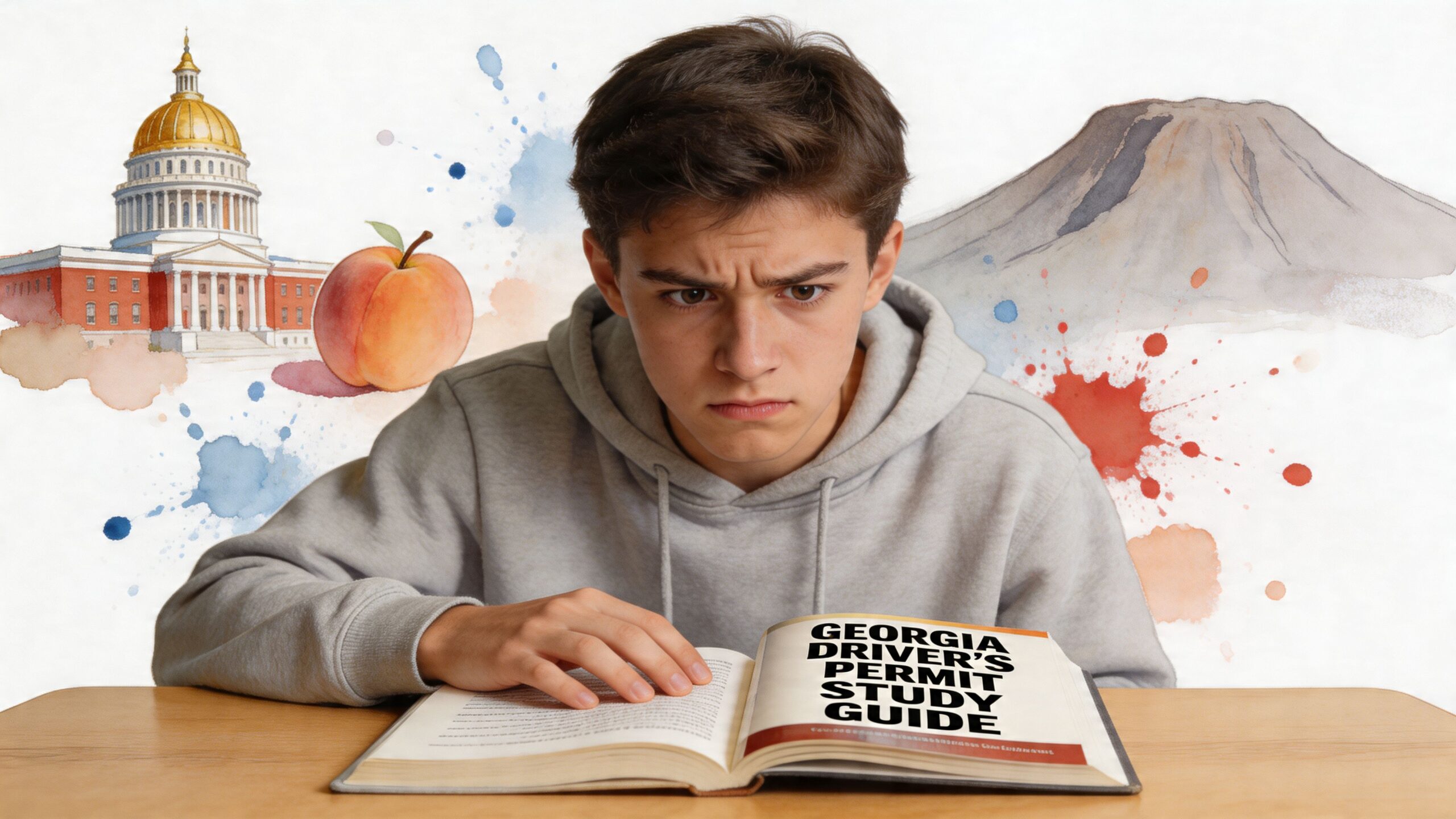 A teenager looking stressed while studying from a Georgia driver's permit guide book at a desk.