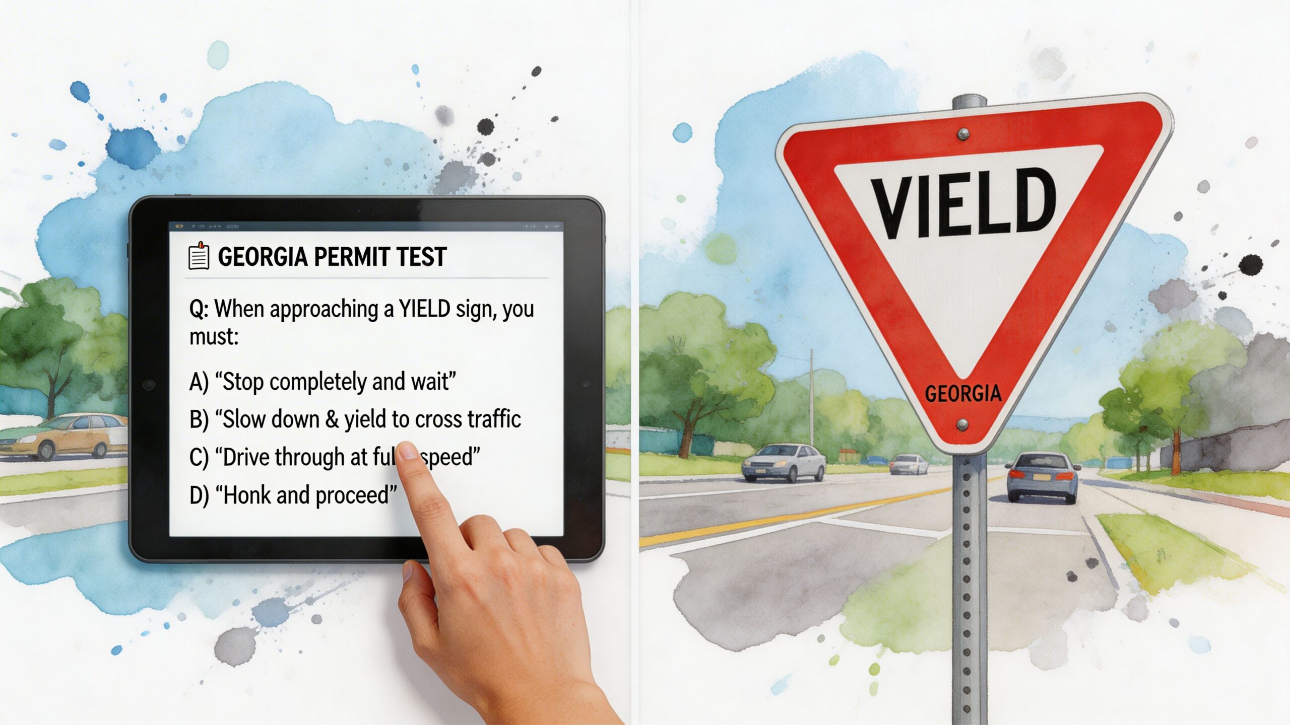 A hand touches a digital tablet showing a Georgia permit test question about yielding at road signs.