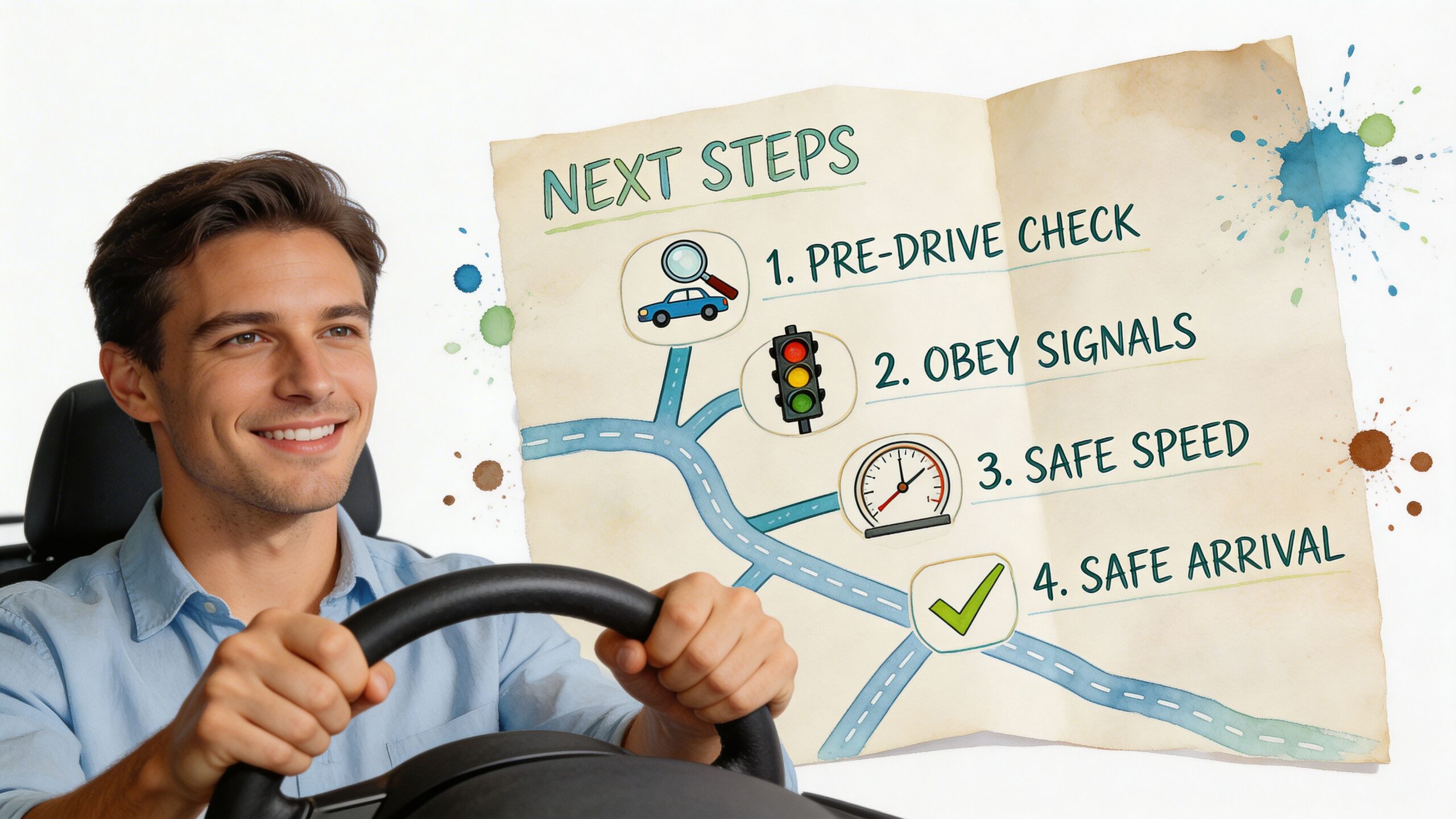 A smiling driver holding a steering wheel next to a checklist of driving safety steps.