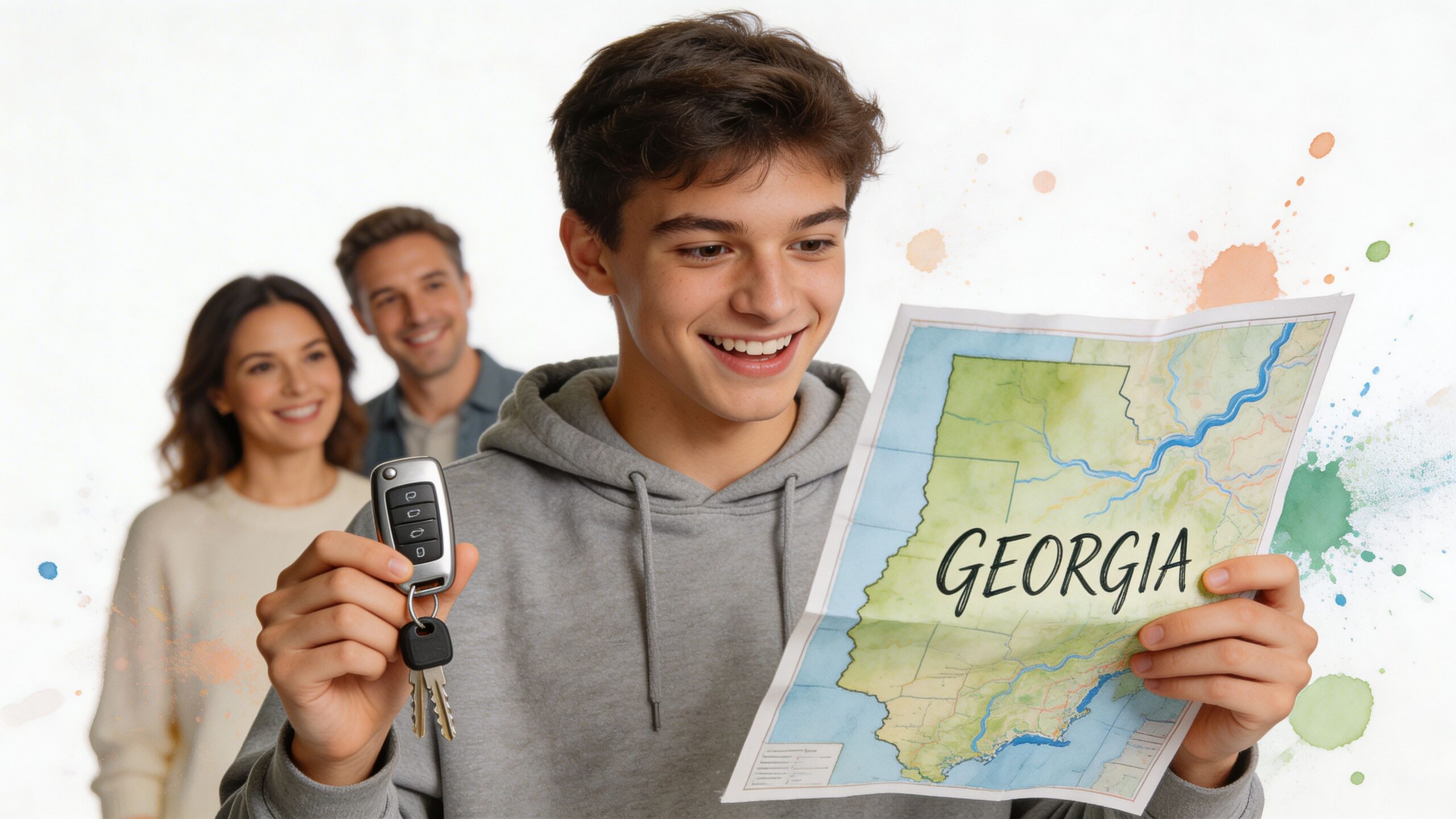 A smiling young man holding car keys and a map labeled Georgia with parents behind him.