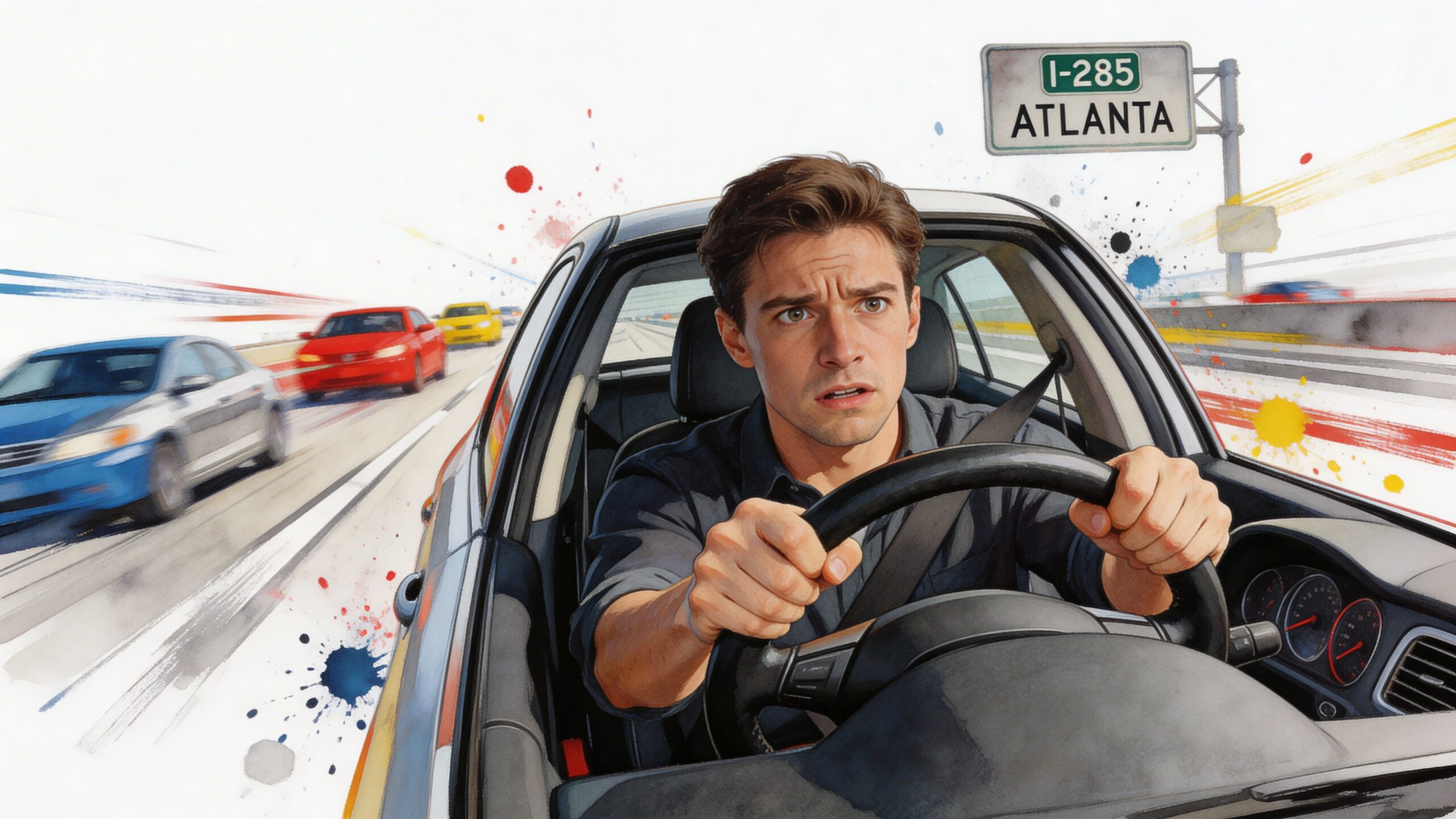 A worried man driving a car on a highway with an Atlanta road sign in the background.