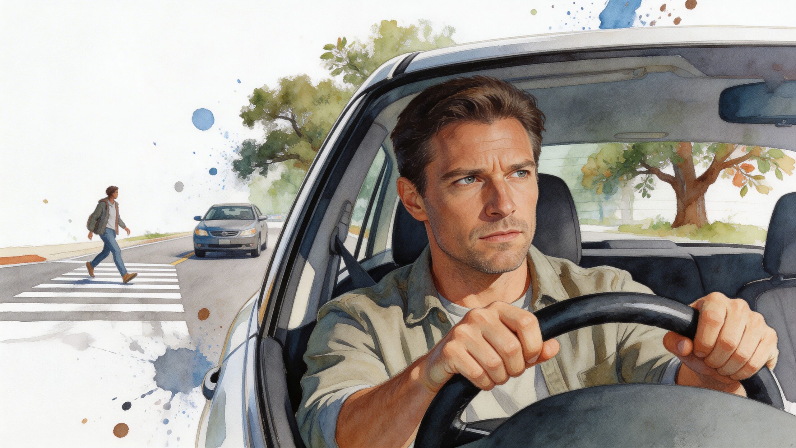 A man driving a car and focusing intently on the road while a pedestrian uses a crosswalk.