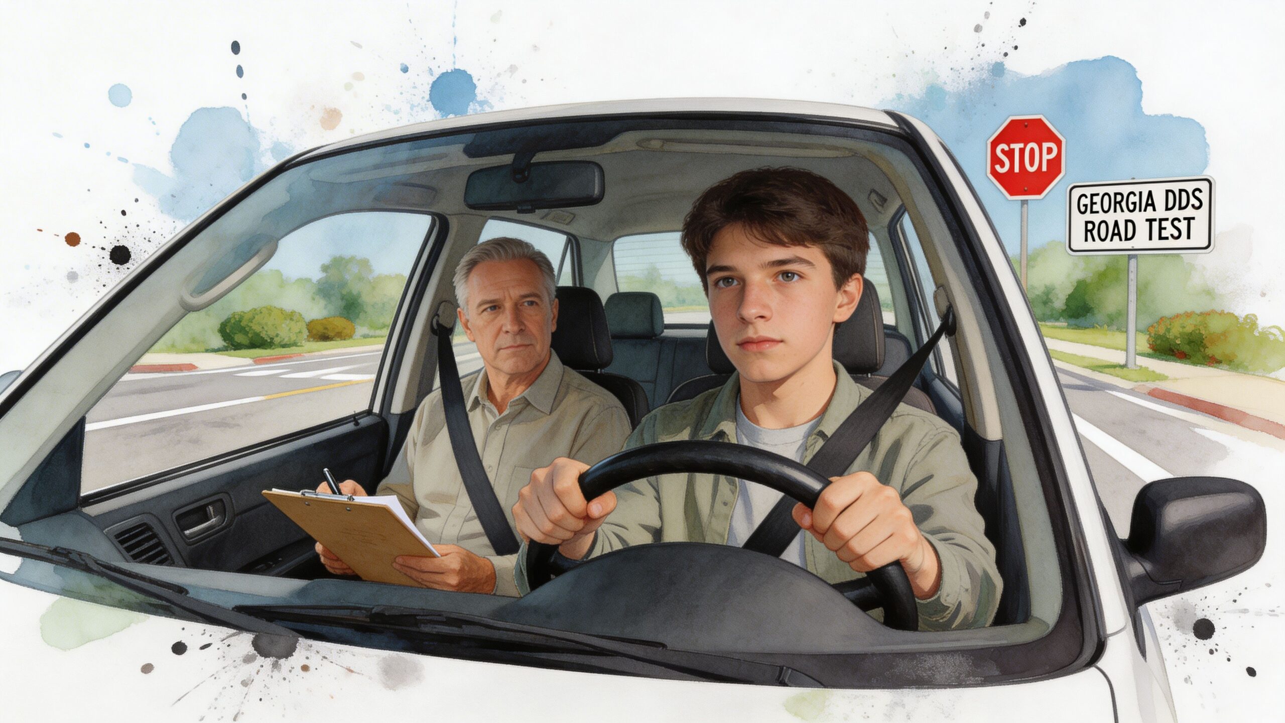 A young man taking his Georgia DDS road test while an instructor observes and records progress.