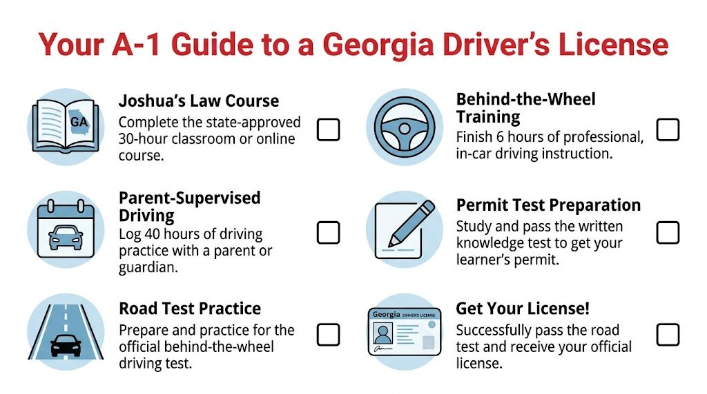 An infographic checklist outlining the essential steps for obtaining a Georgia driver's license for new teen drivers.