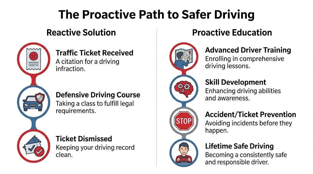A diagram comparing a reactive solution to a traffic ticket against proactive defensive driving education courses.