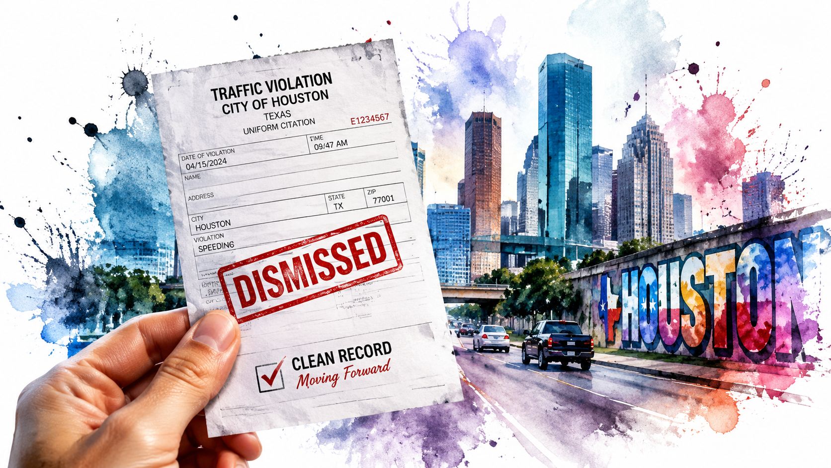 A hand holding a dismissed Houston traffic citation with the city skyline and artistic watercolor effects.
