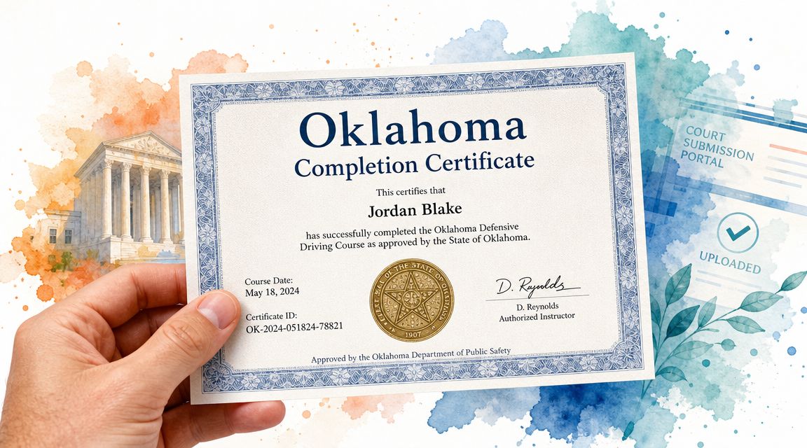 A hand holding an official Oklahoma defensive driving course completion certificate with the date and student name.
