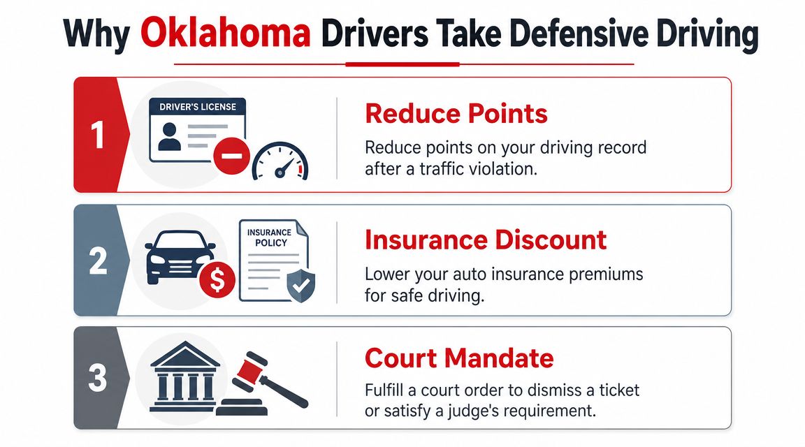 An infographic titled Why Oklahoma Drivers Take Defensive Driving, listing three main benefits with corresponding icons.
