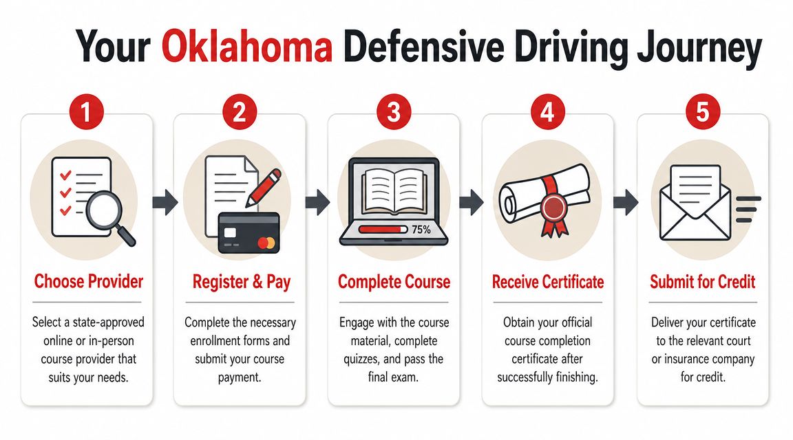 A five-step infographic showing the Oklahoma defensive driving journey from provider selection to submitting the completion certificate.