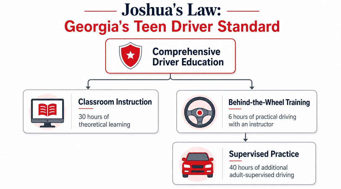 An infographic detailing the requirements of Joshua's Law for teen driver education in Georgia.
