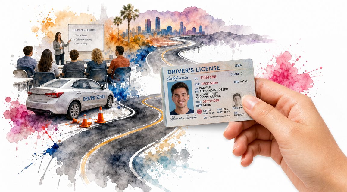 A hand holding a California driver license with a driving school classroom and car in the background.