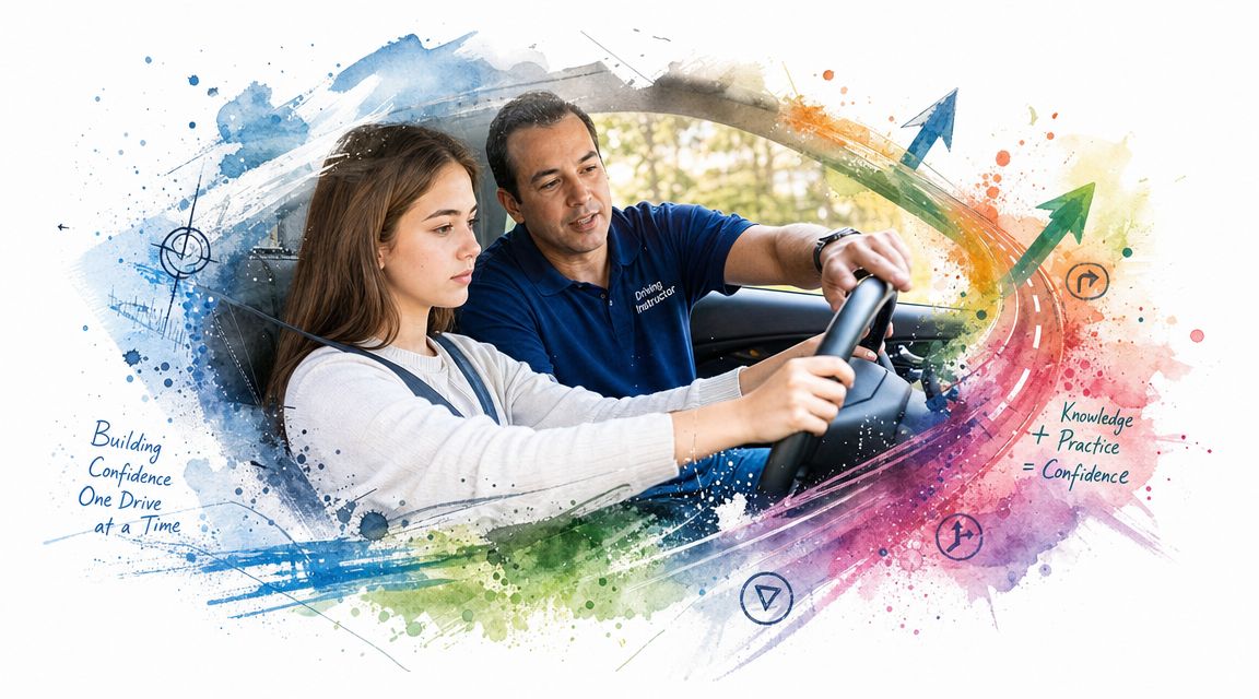 A driving instructor guiding a young woman behind the steering wheel during a professional driving lesson.