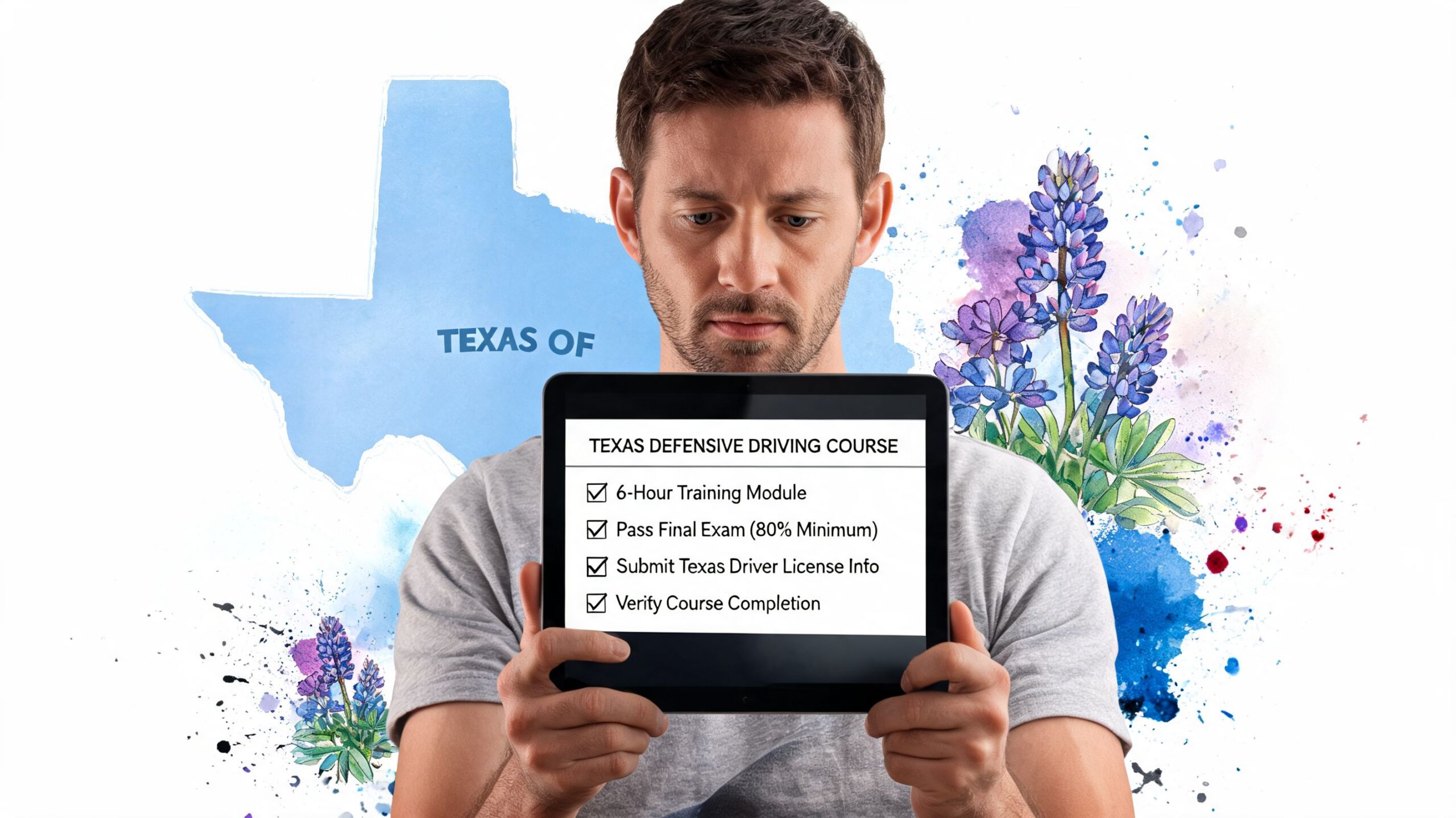 A man holding a digital tablet displaying the requirements for a Texas defensive driving course online.
