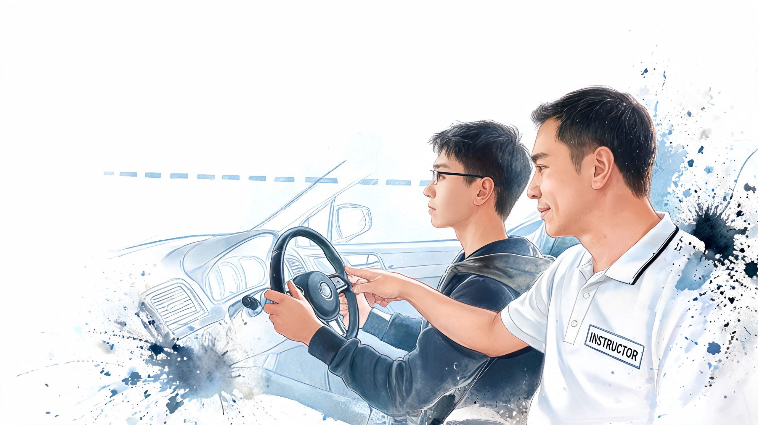 A driving instructor guides a young student behind the steering wheel during a driving lesson.