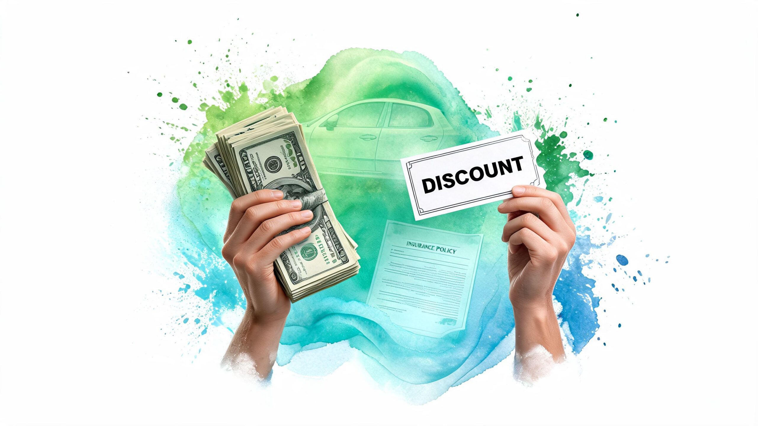 A person holding a stack of cash and a discount sign with an insurance policy and car silhouette.