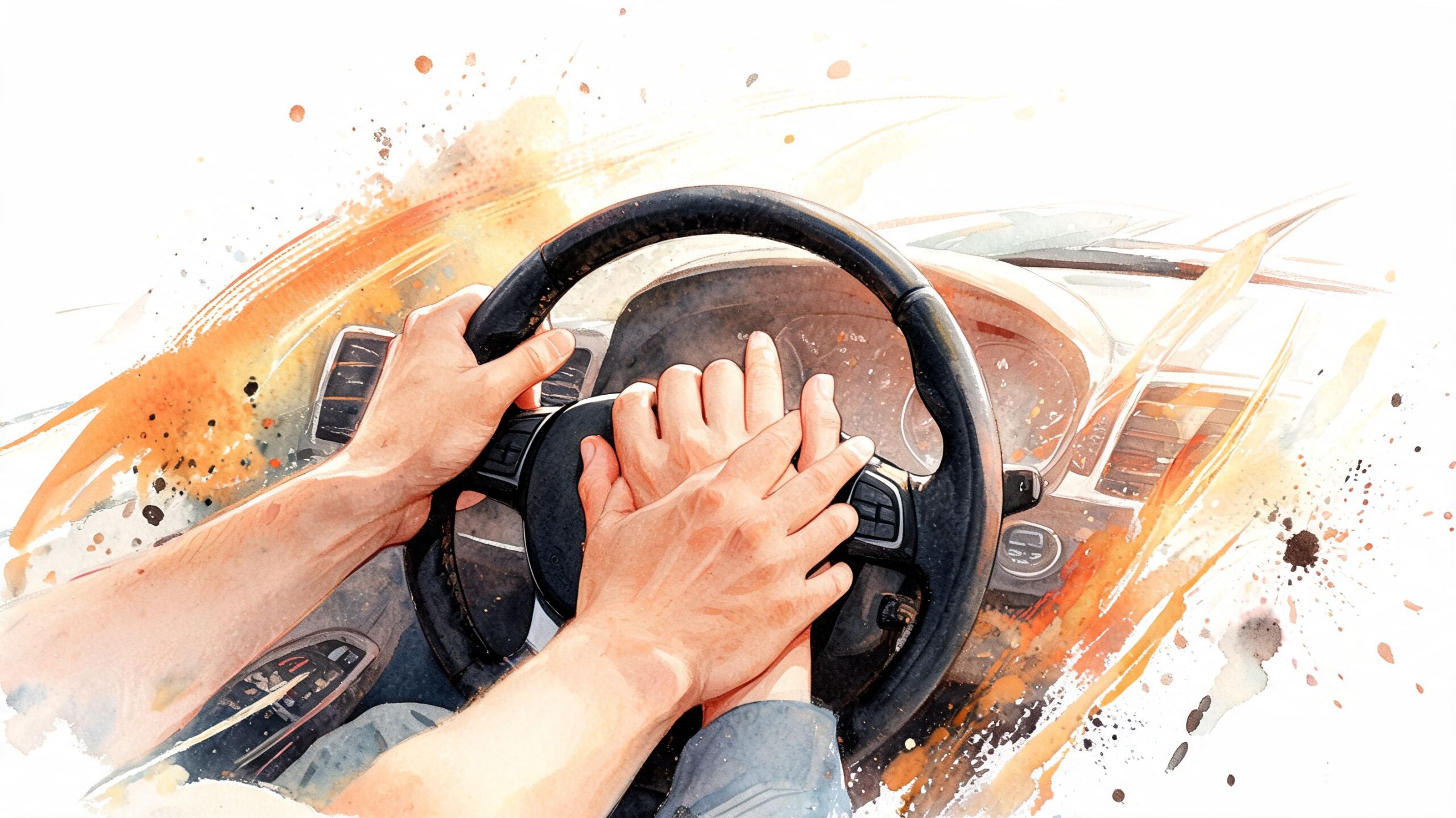 A watercolor artistic illustration of two people's hands gently resting together on a car steering wheel.