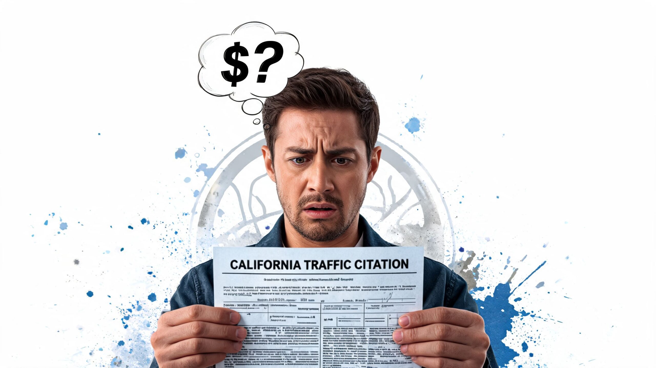 A concerned man holds a California traffic citation document while wondering about the potential financial cost involved.