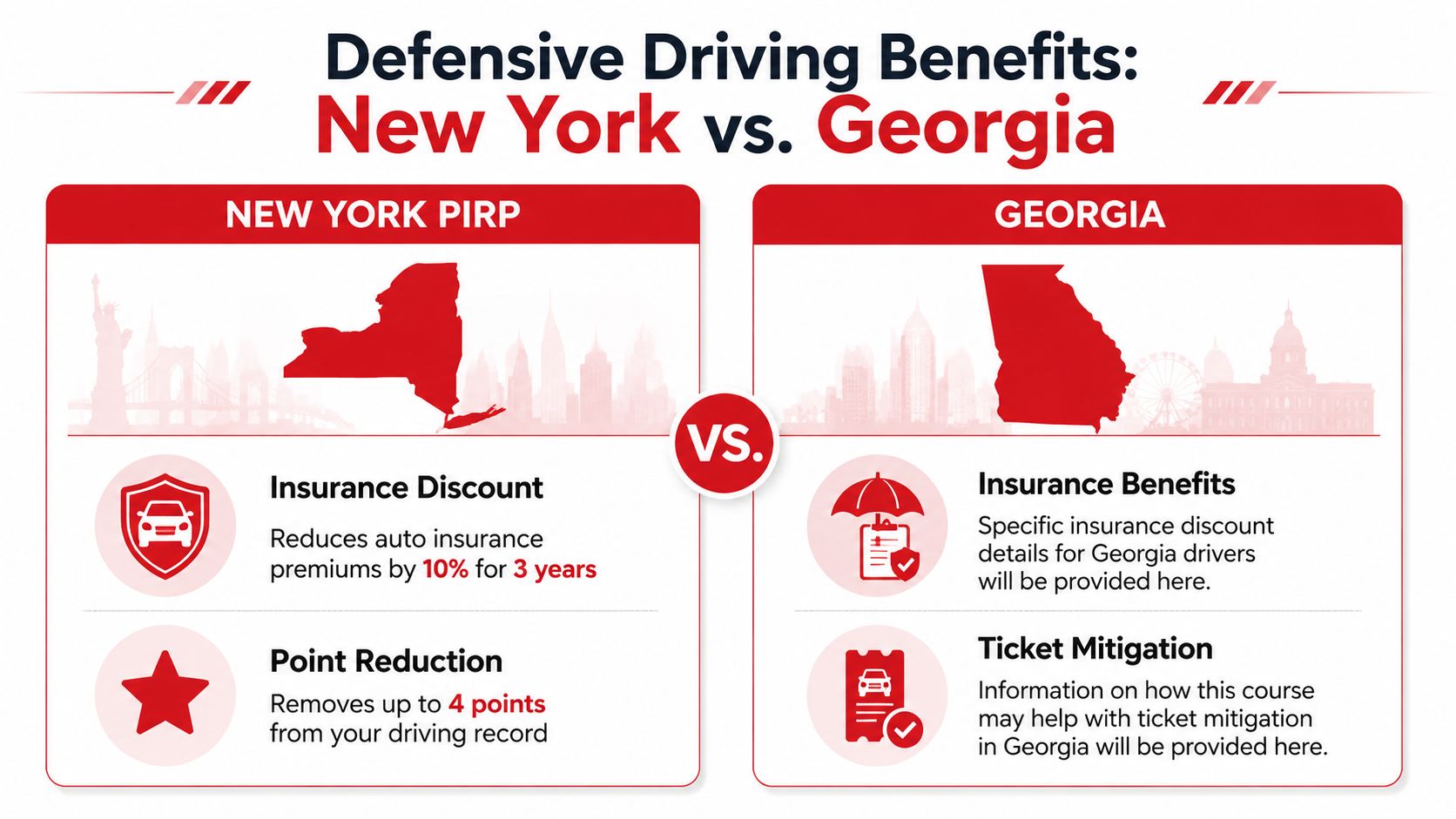 A comparison chart outlining defensive driving course benefits for drivers in New York and Georgia states.