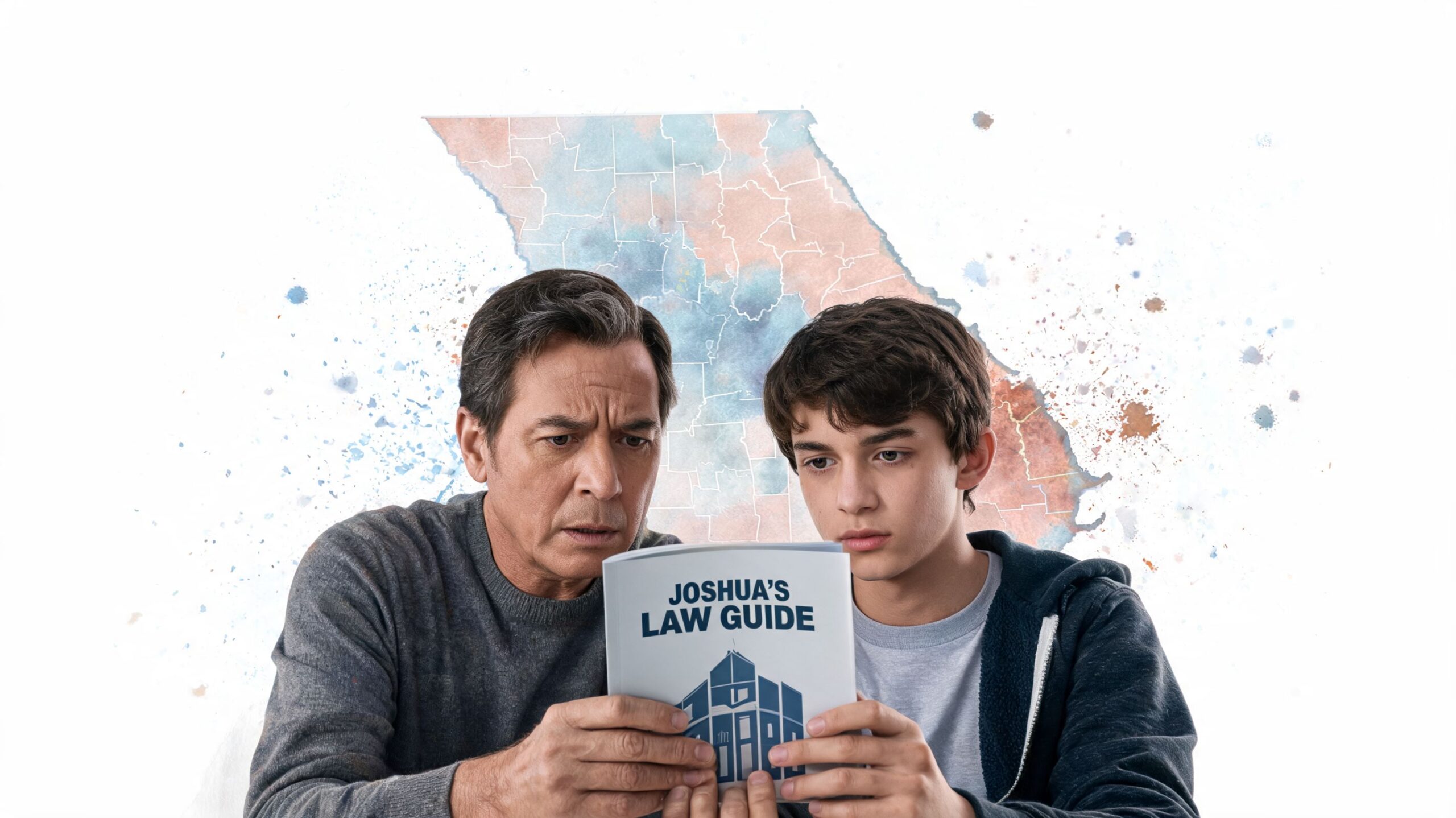 An older man and a young boy studying a document titled Joshua's Law Guide together.