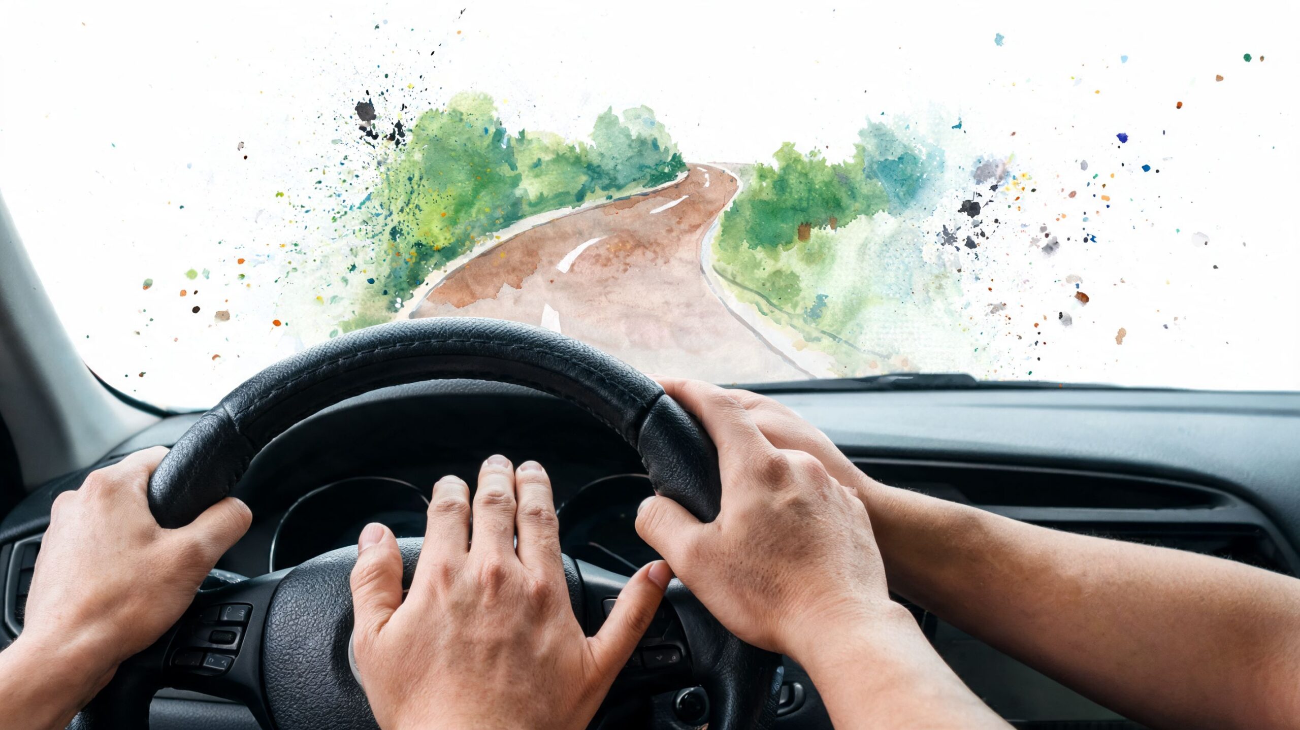 A person practicing defensive driving skills behind the steering wheel on a winding watercolor road path.