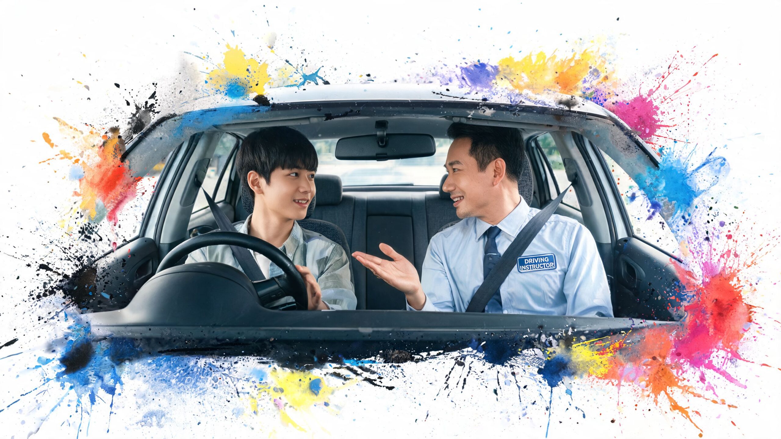 A professional driving instructor giving instructions to a young male student inside a training car.
