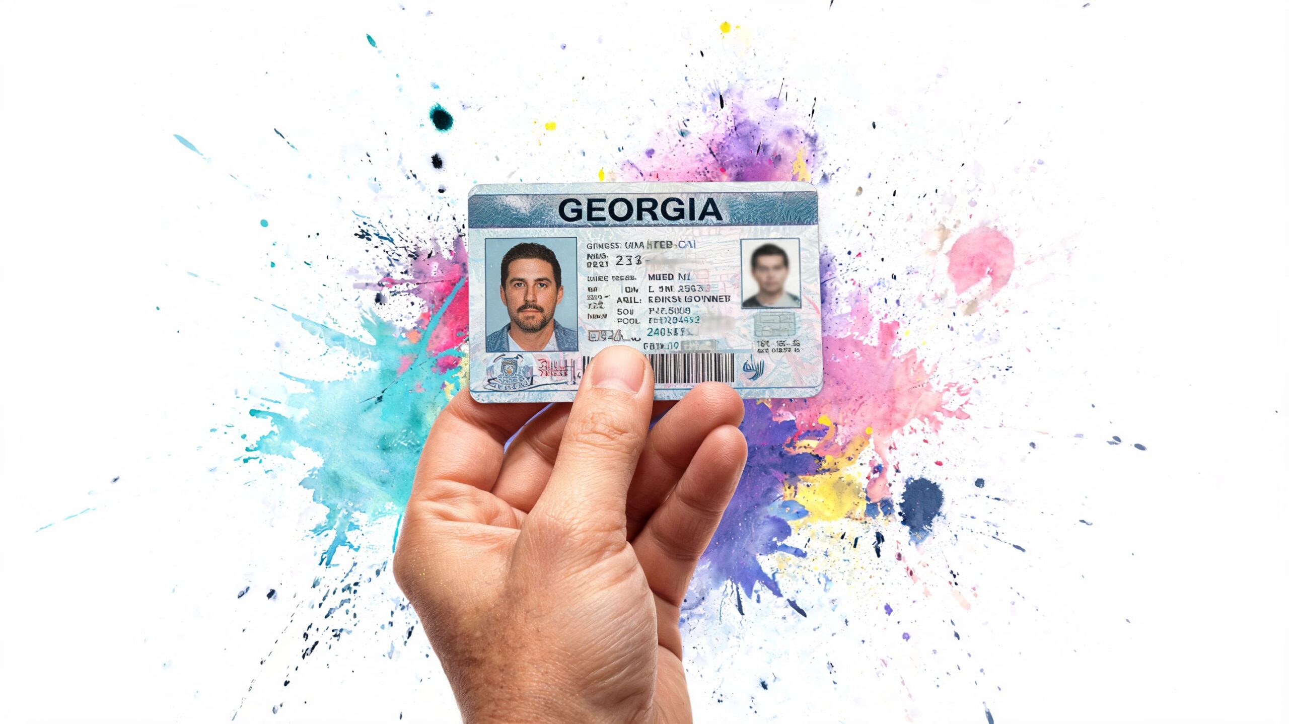 A hand holding a Georgia state identification card against a white background with colorful watercolor paint splatters.
