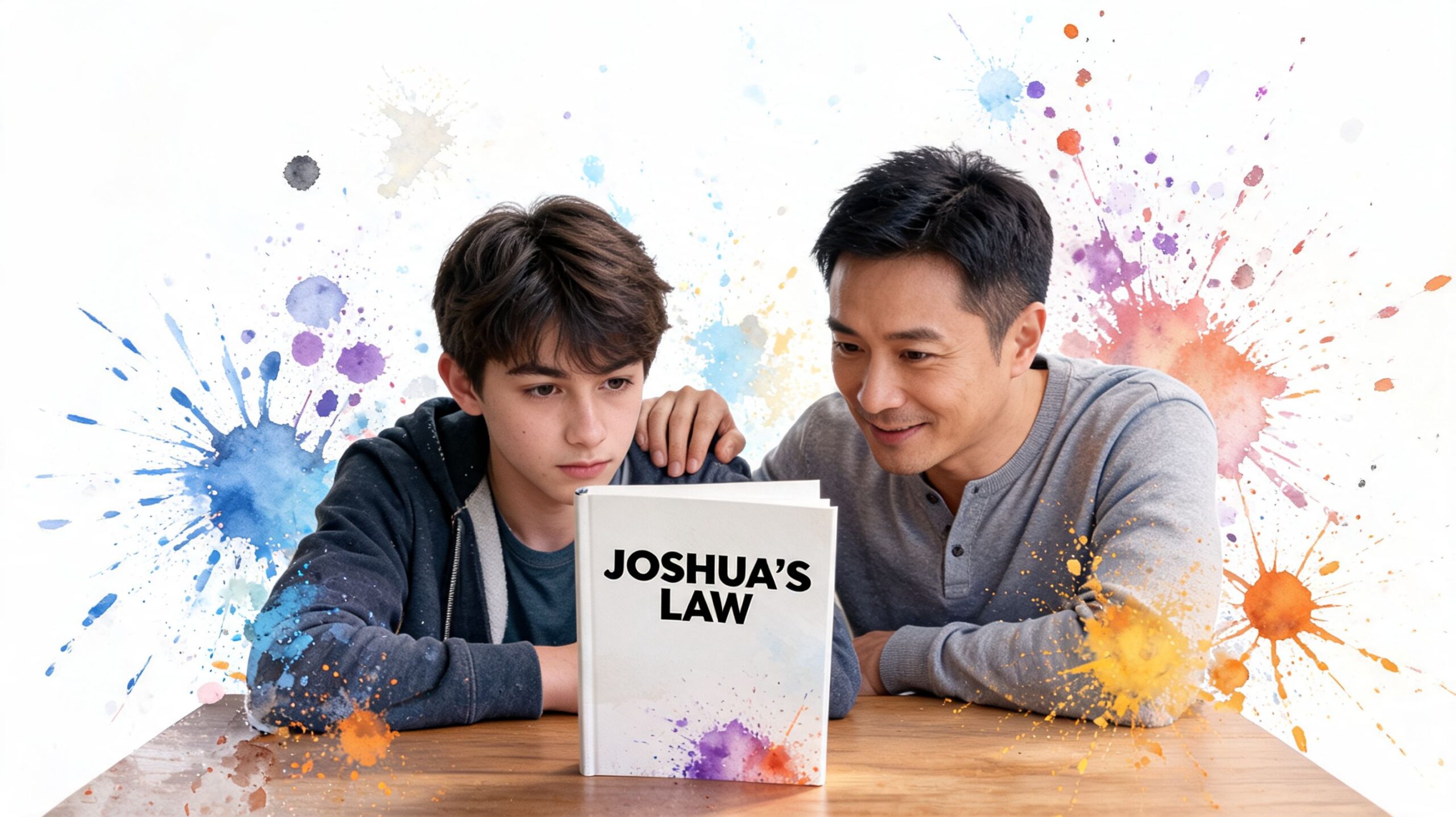 A father mentors his young son while they study a book titled Joshua's Law on a table.