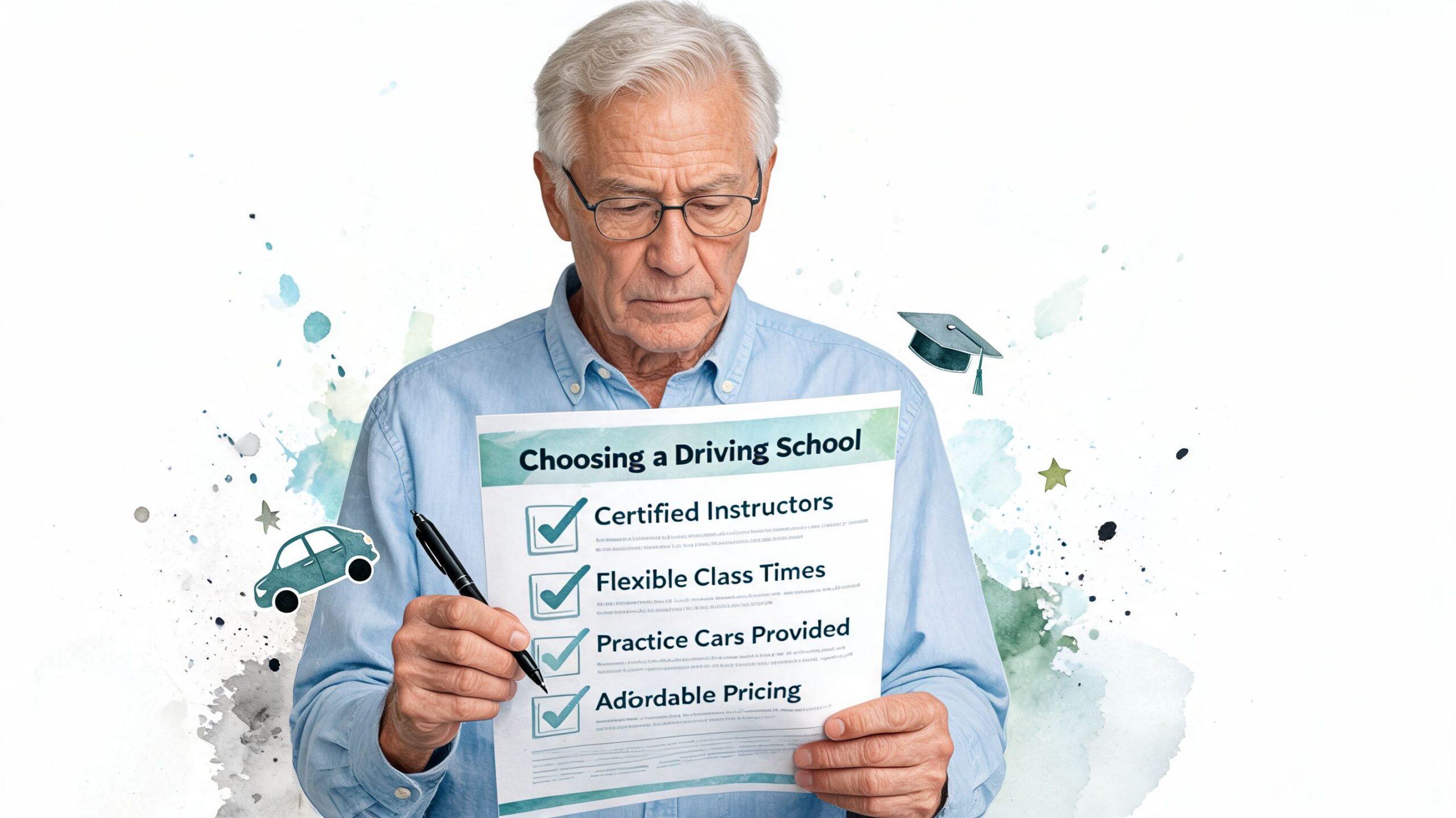 An older man wearing glasses holds a document about choosing a driving school with checked boxes.