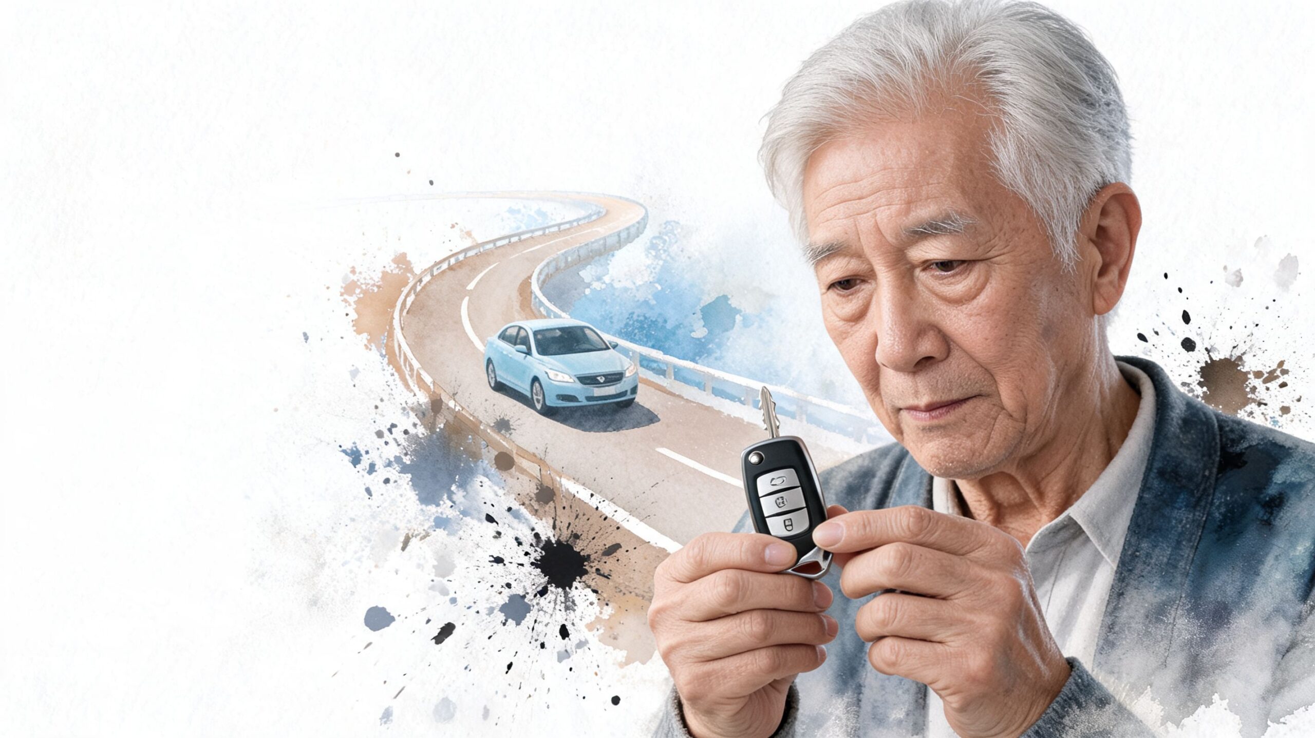 A contemplative senior man holding car keys with a watercolor illustration of a road and car behind.