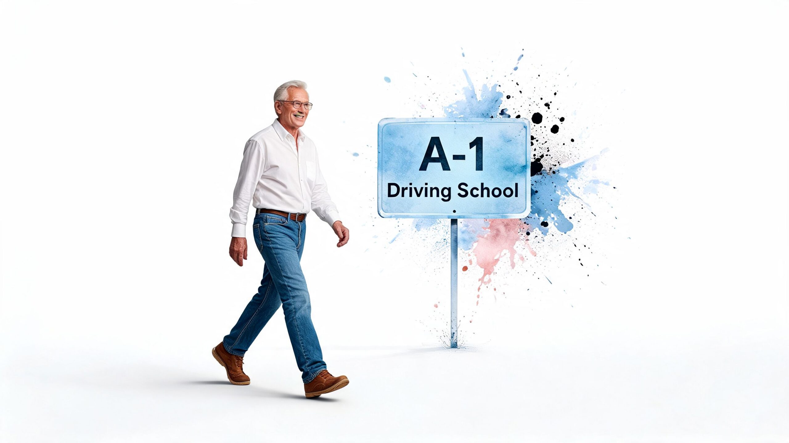 A smiling senior man walking past a sign that reads A-1 Driving School on a white background.