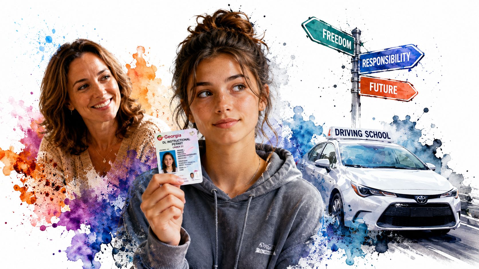 A young woman smiling while holding her Georgia driving permit with her mother nearby and a car.