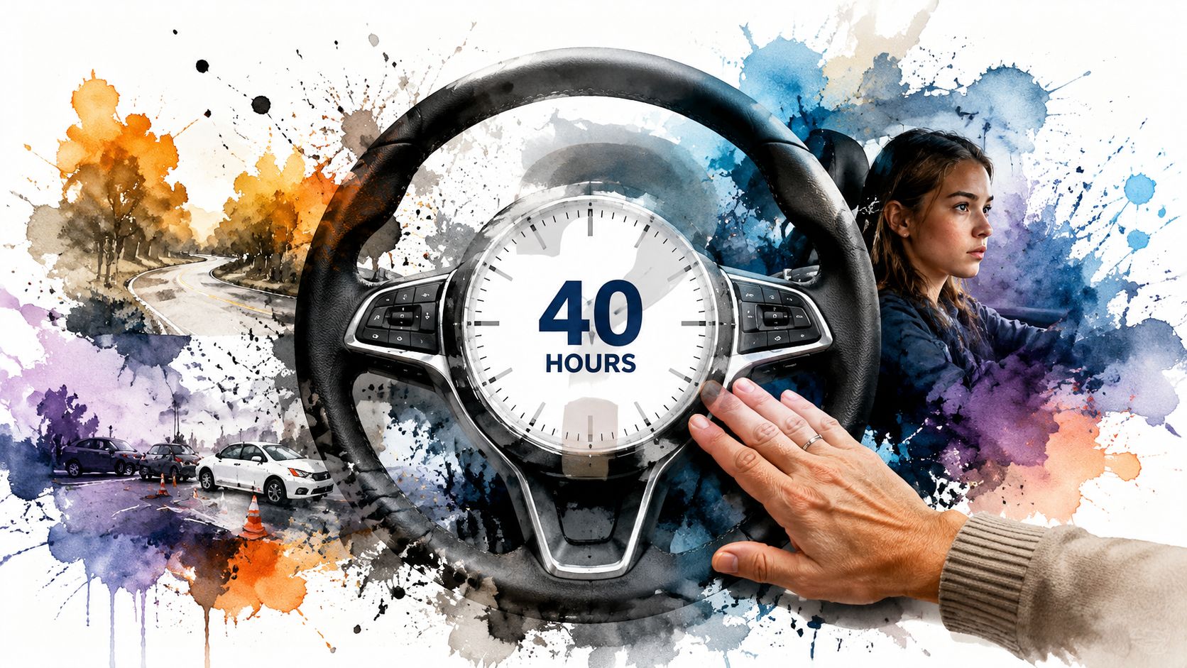A conceptual illustration of 40 hours of driving practice with a steering wheel and a student driver.