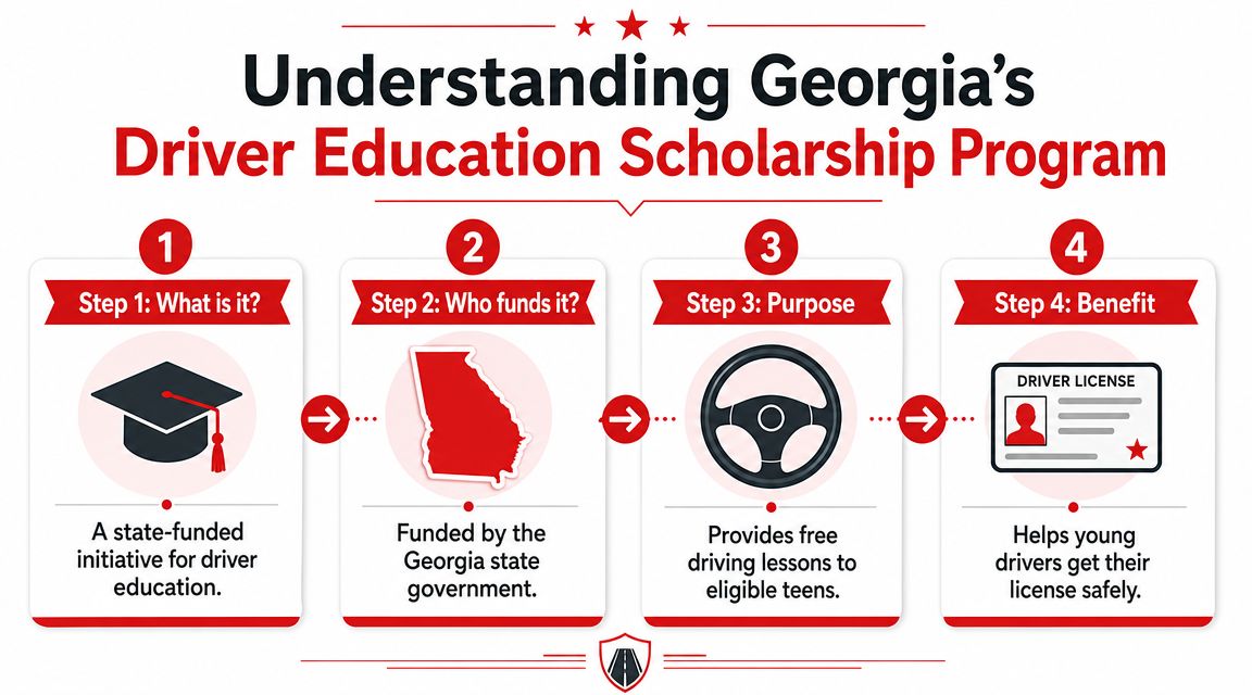 An infographic explaining Georgia's Driver Education Scholarship Program, which provides free driving lessons to eligible teenagers.