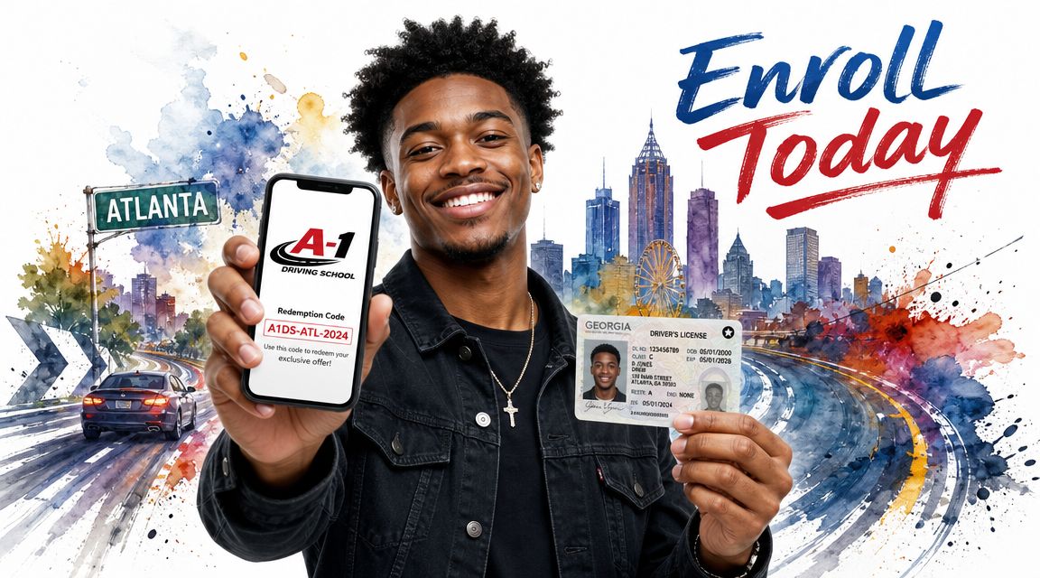 A smiling young man holding a smartphone with a promotional code and a Georgia driver's license card.