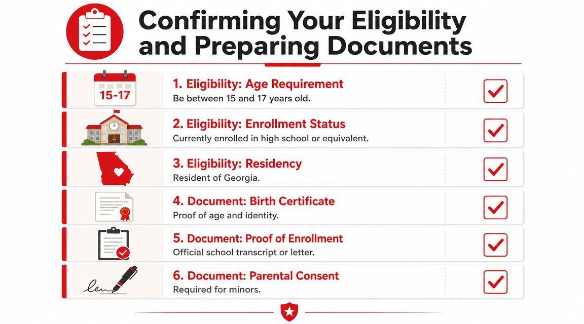 A checklist infographic outlining eligibility requirements and necessary documentation for youth programs in Georgia.