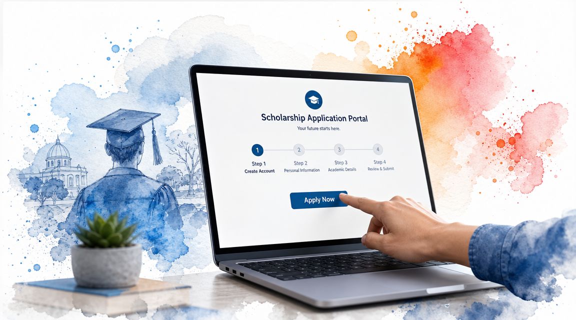 A person clicking an apply now button on a laptop screen showing a scholarship application portal.