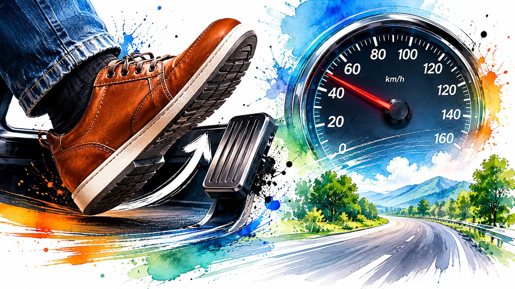 A shoe pressing on an accelerator pedal next to a speedometer showing fuel efficient driving speed.