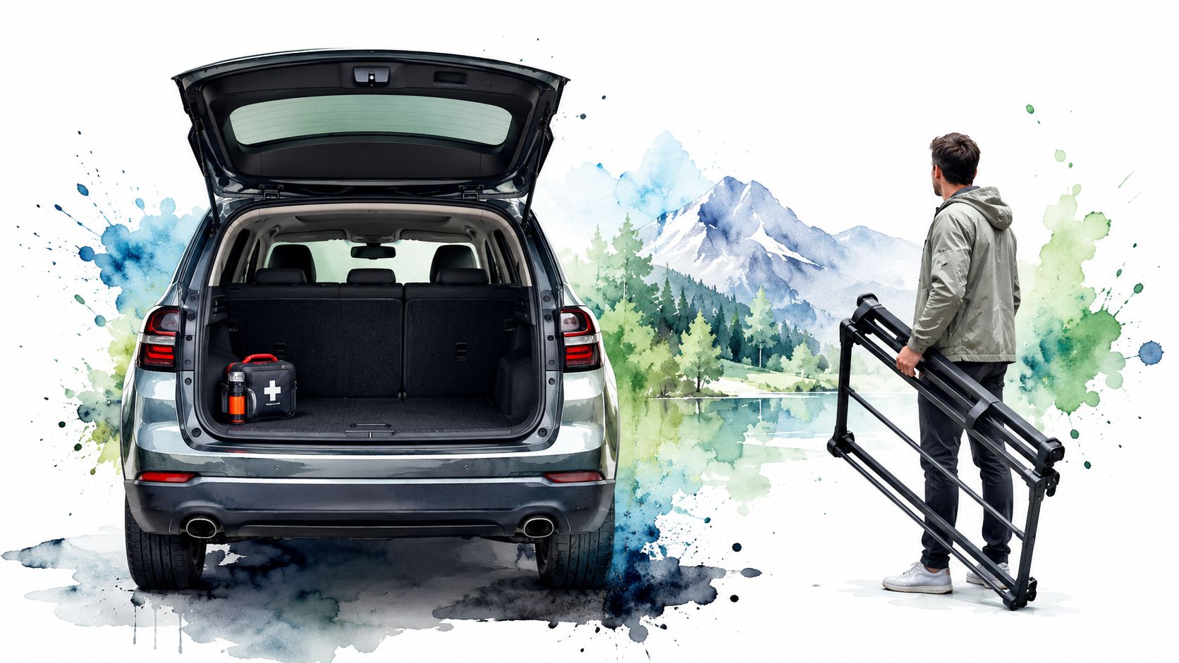 A man stands beside an open car trunk while holding a rack, set against a watercolor landscape.