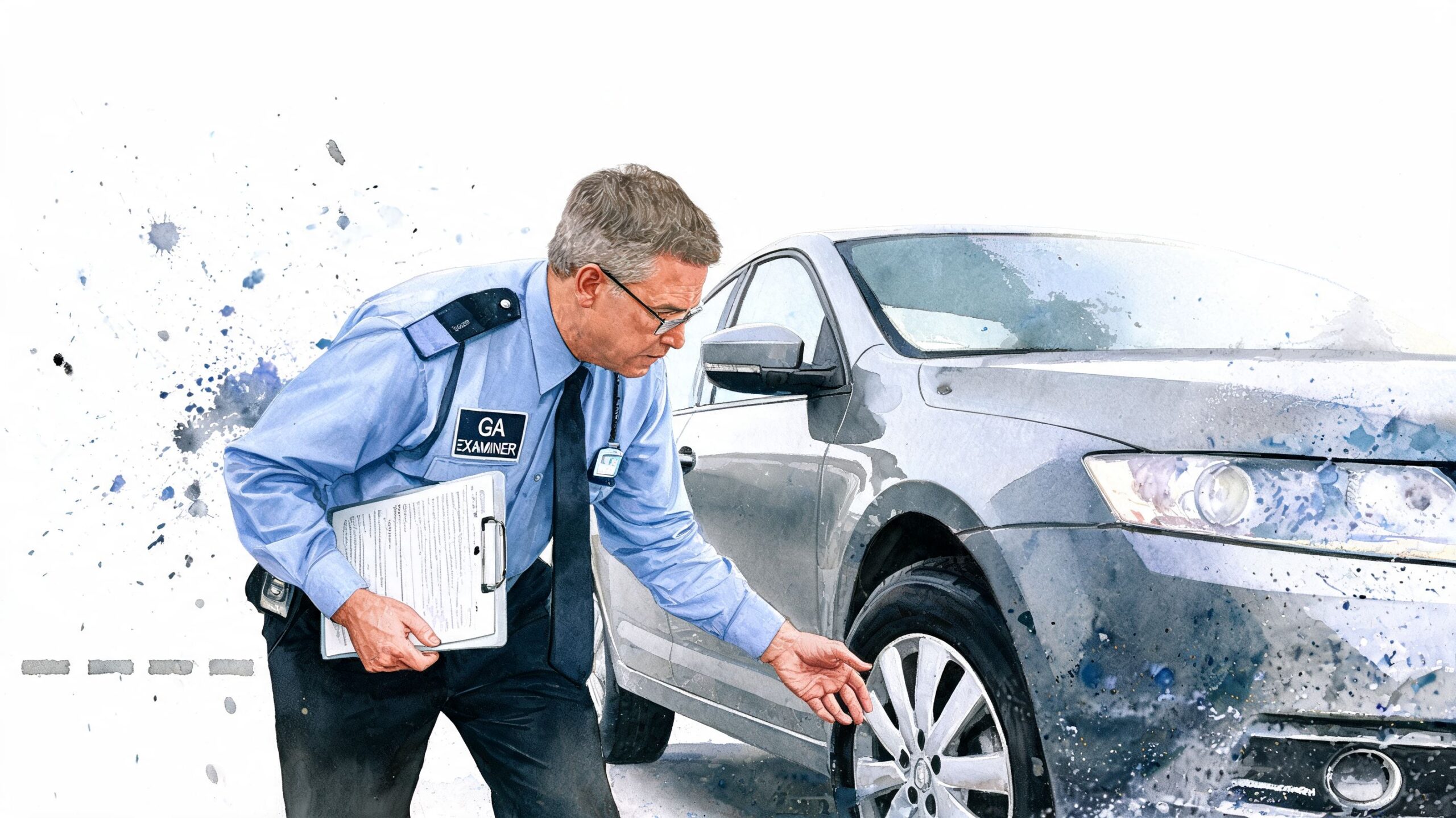 A professional GA examiner carefully inspecting the front tire and wheel of a gray sedan car.