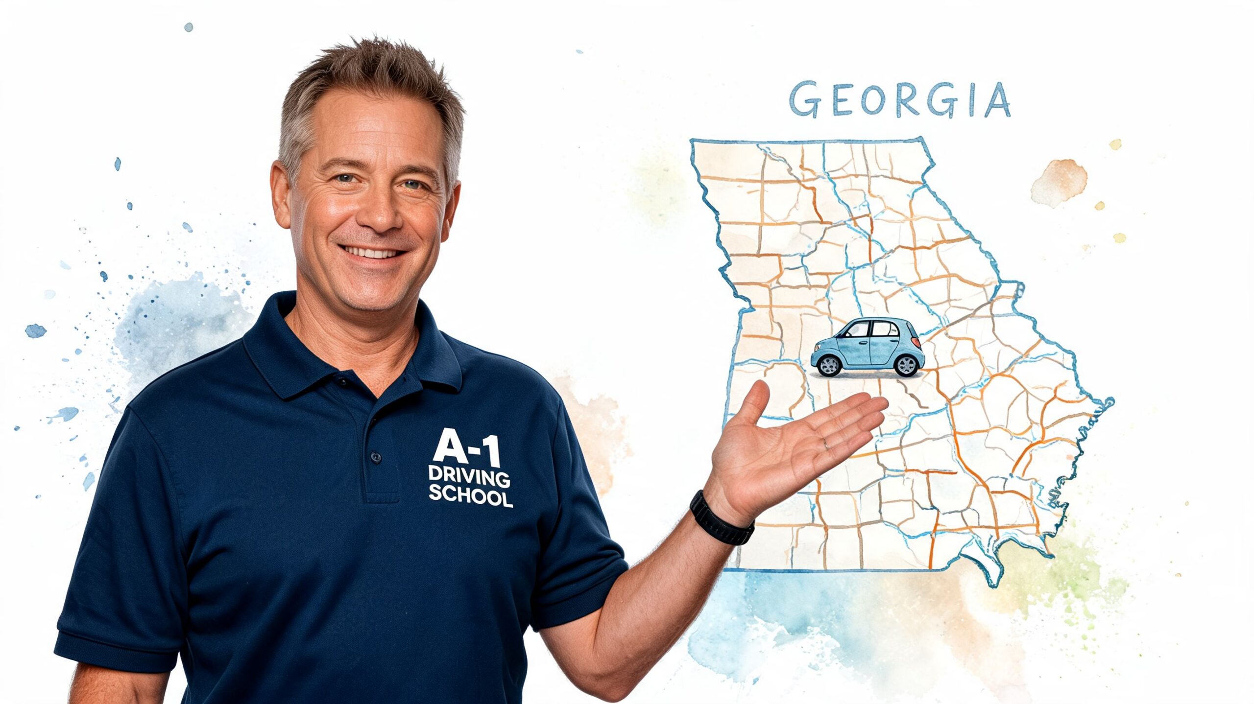 A smiling man wearing a blue A-1 Driving School polo shirt gestures towards a map of Georgia.