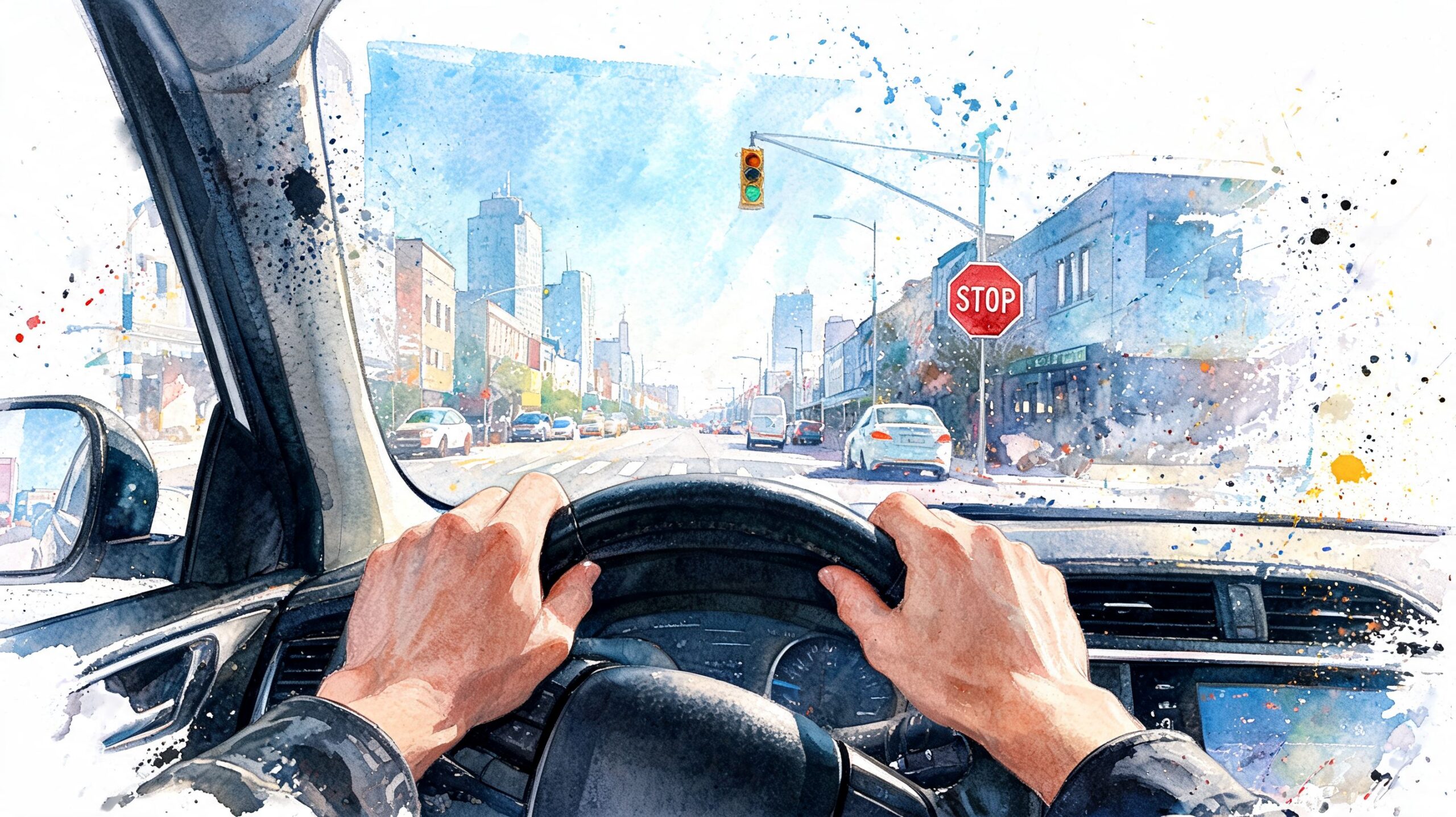 A watercolor style POV shot of a person driving a car towards a city intersection with traffic signals.