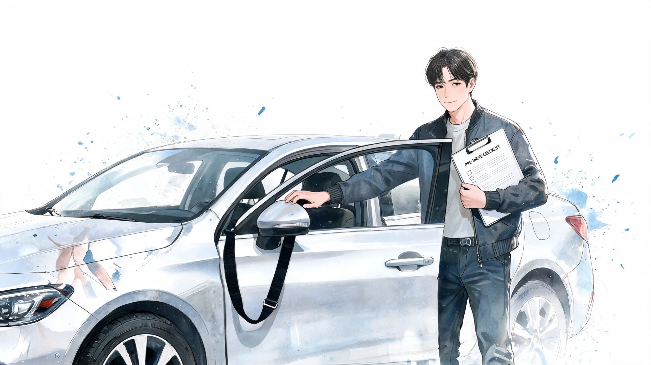 A young driving instructor stands by a white sedan holding a pre-drive checklist clipboard for a test.