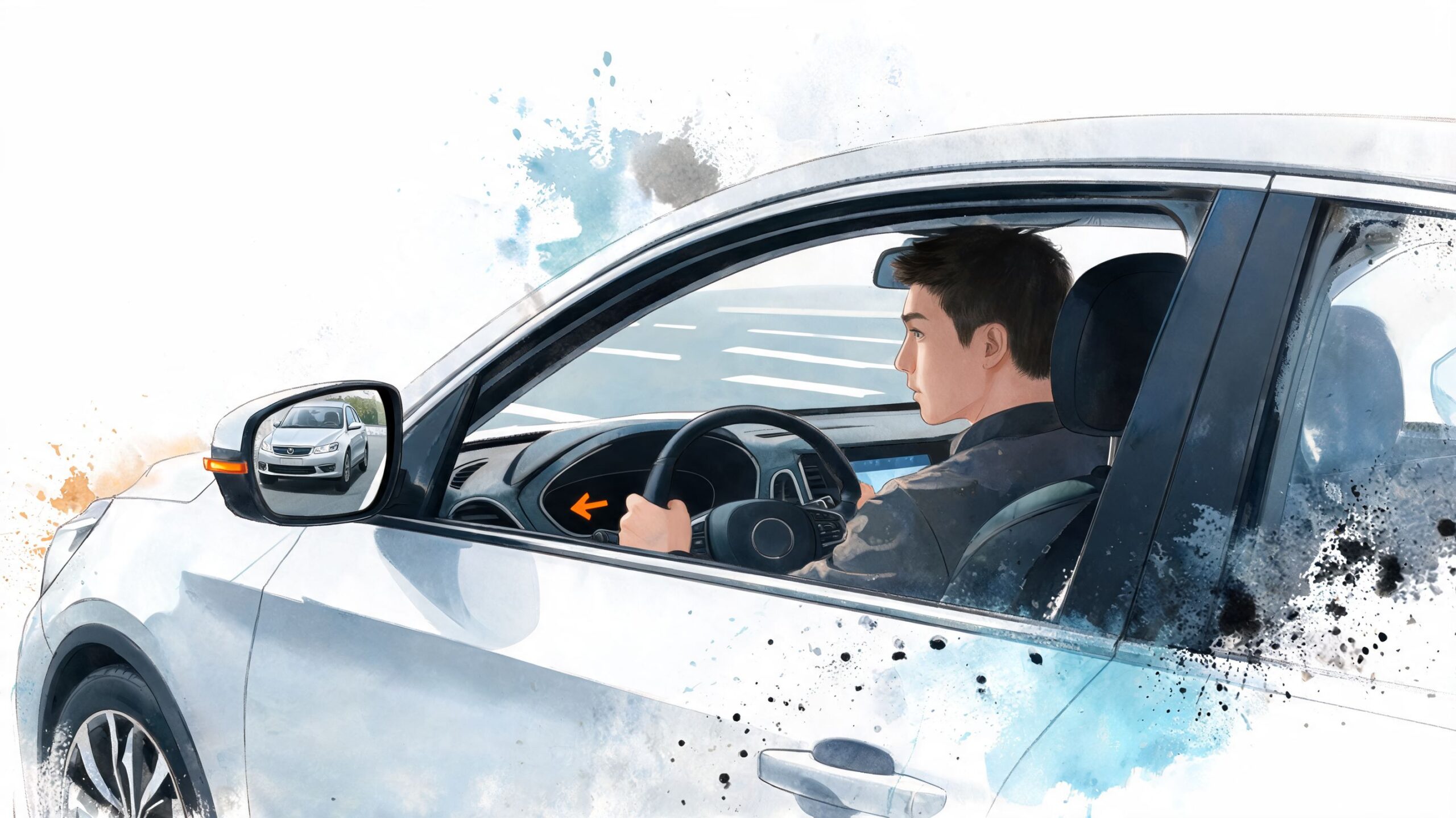 A young man driving a modern white car while checking his side mirror during a road test.