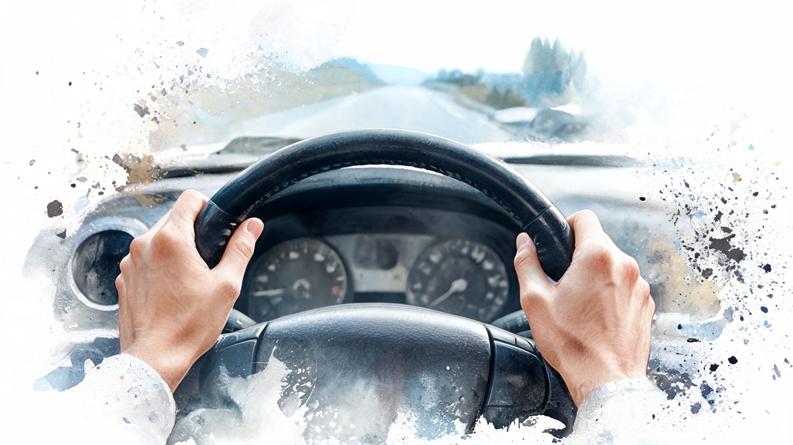A first person view of a driver's hands holding the steering wheel while driving on a road