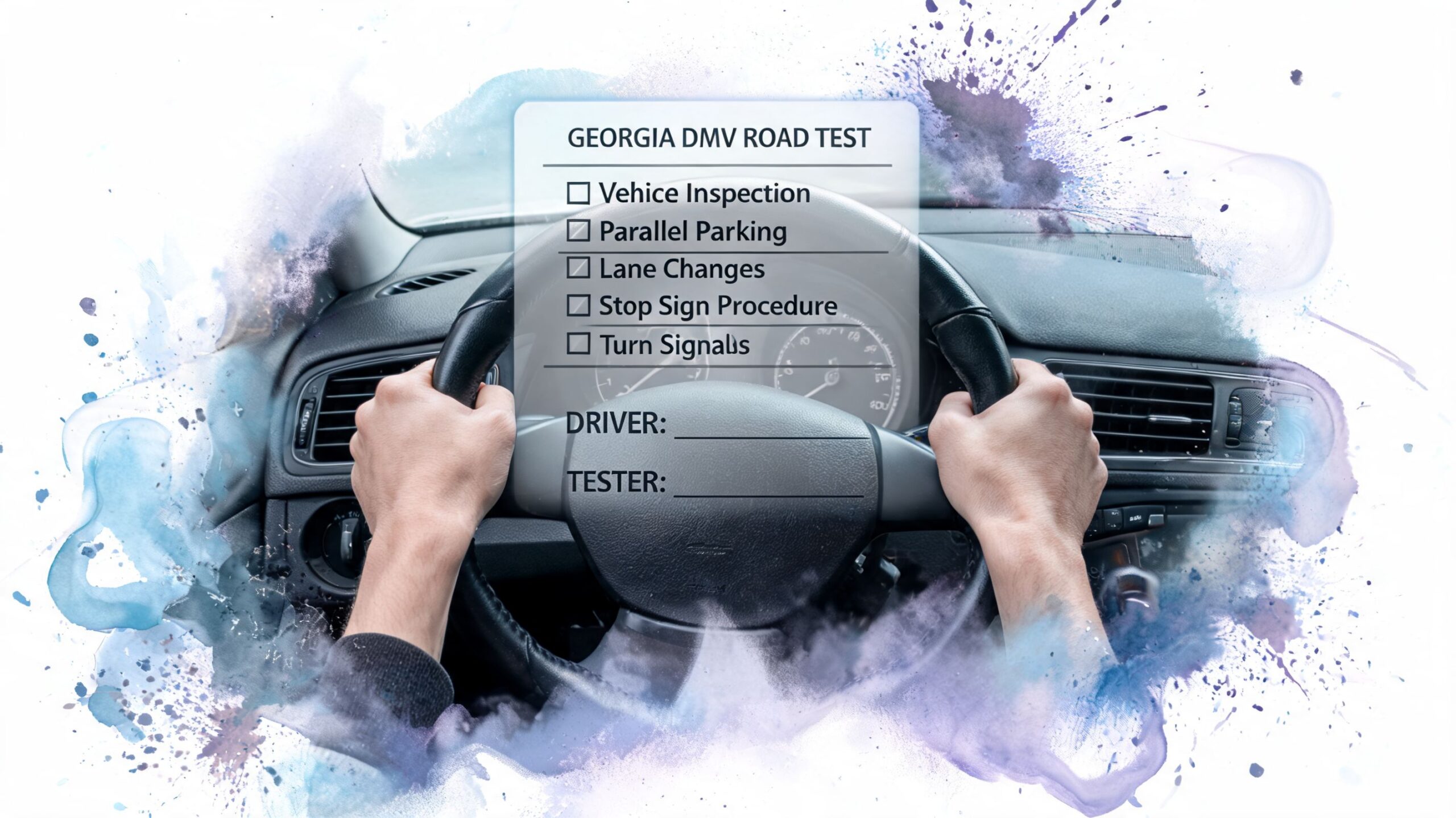 A person driving a car with a Georgia DMV road test checklist overlaid on the steering wheel.