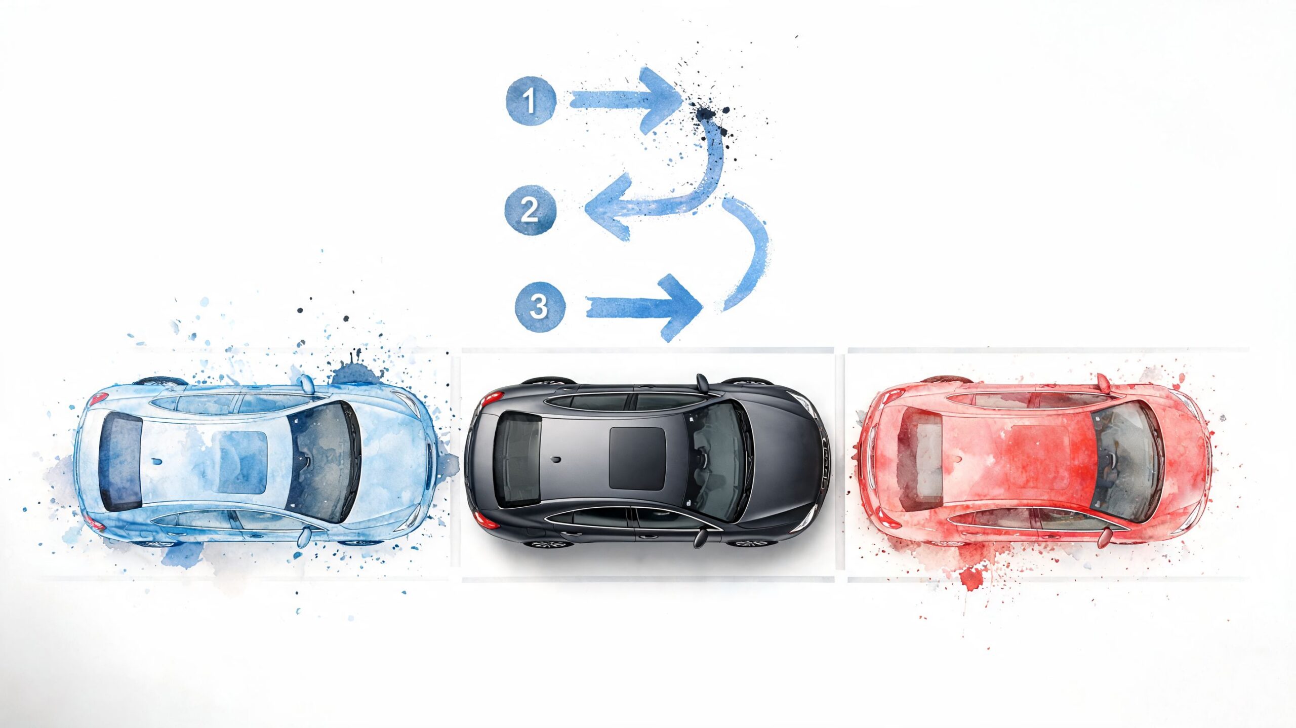 A top-down view of three cars with an instructional arrow diagram for parallel parking steps.
