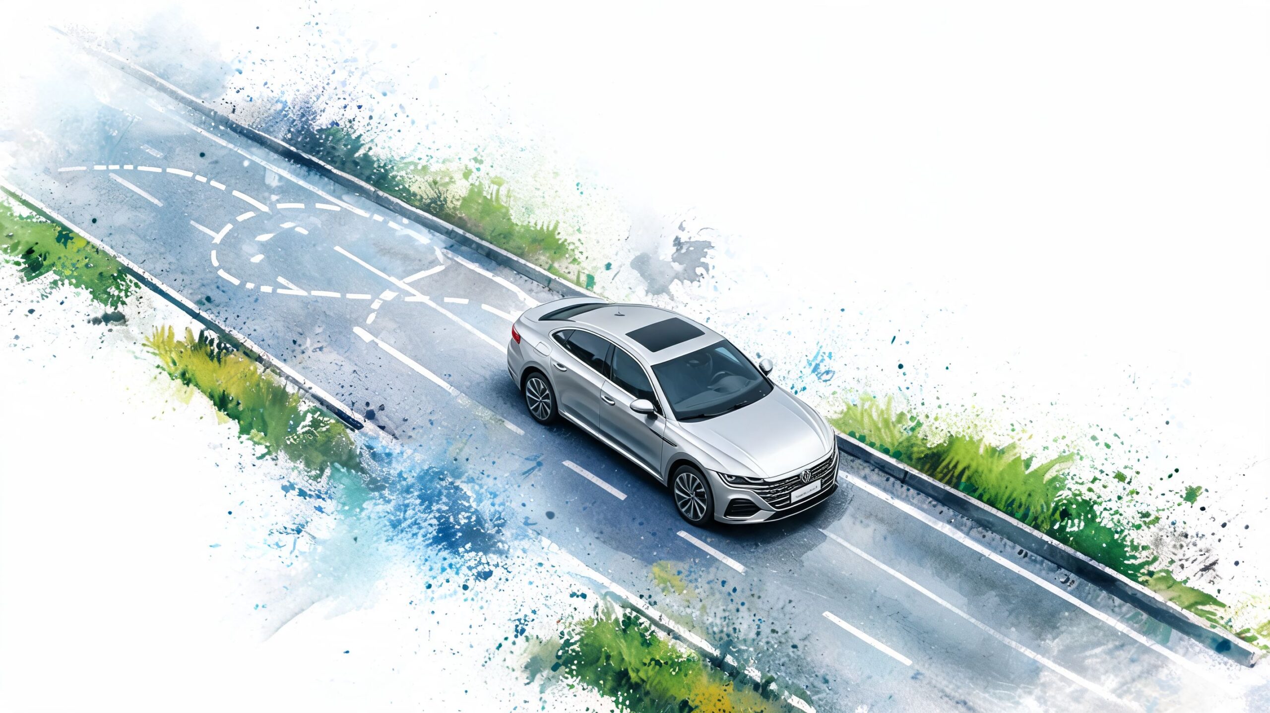 A silver Volkswagen sedan driving on an asphalt road in a watercolor artistic style illustration.