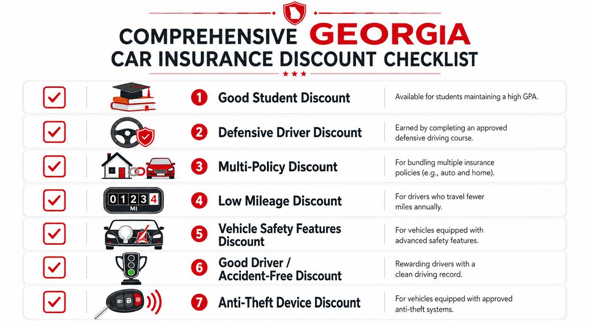 A checklist of seven common car insurance discounts available to drivers in Georgia, represented by icons.